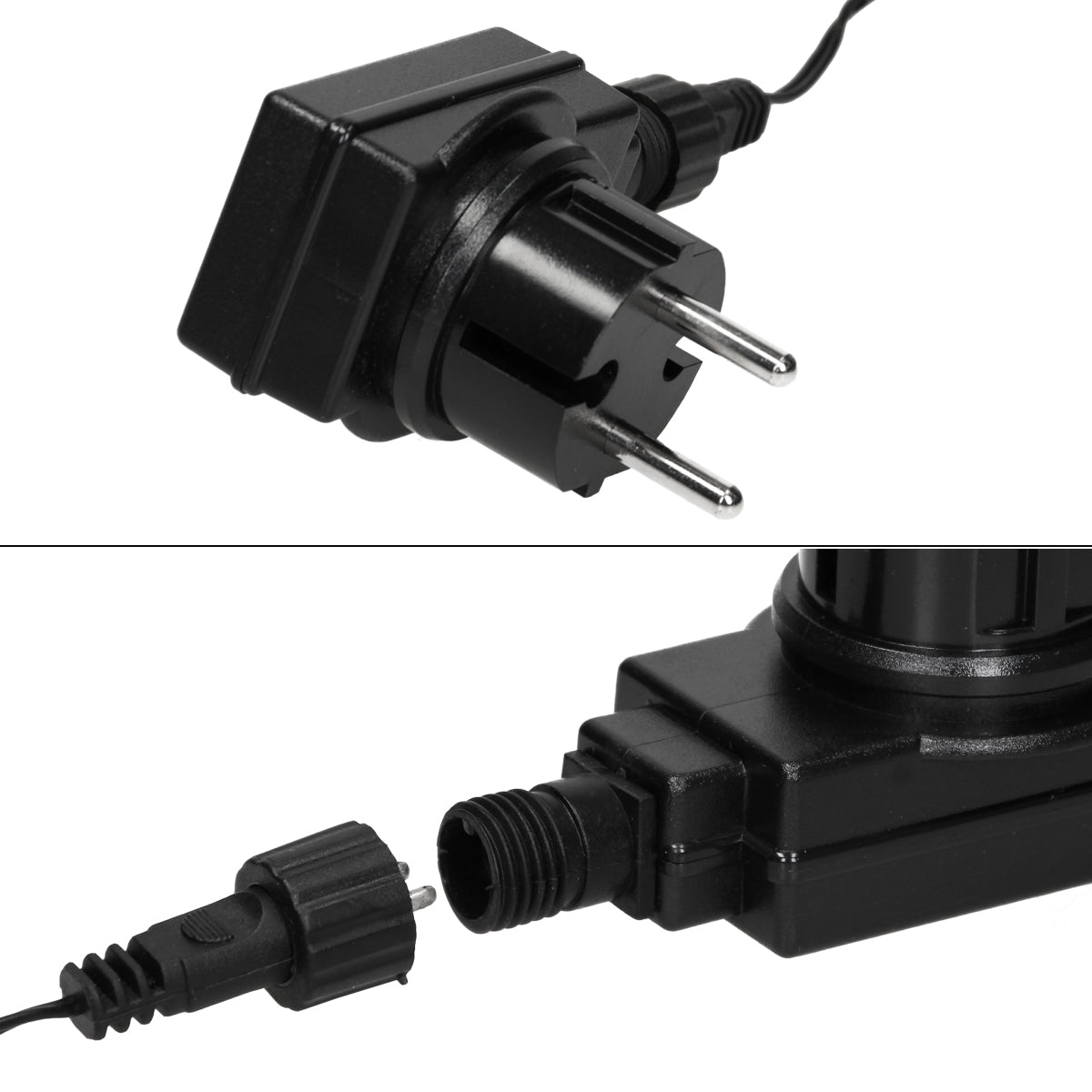 Ein schwarzer Stecker mit zwei Pins und einem abnehmbaren Kabelanschluss.