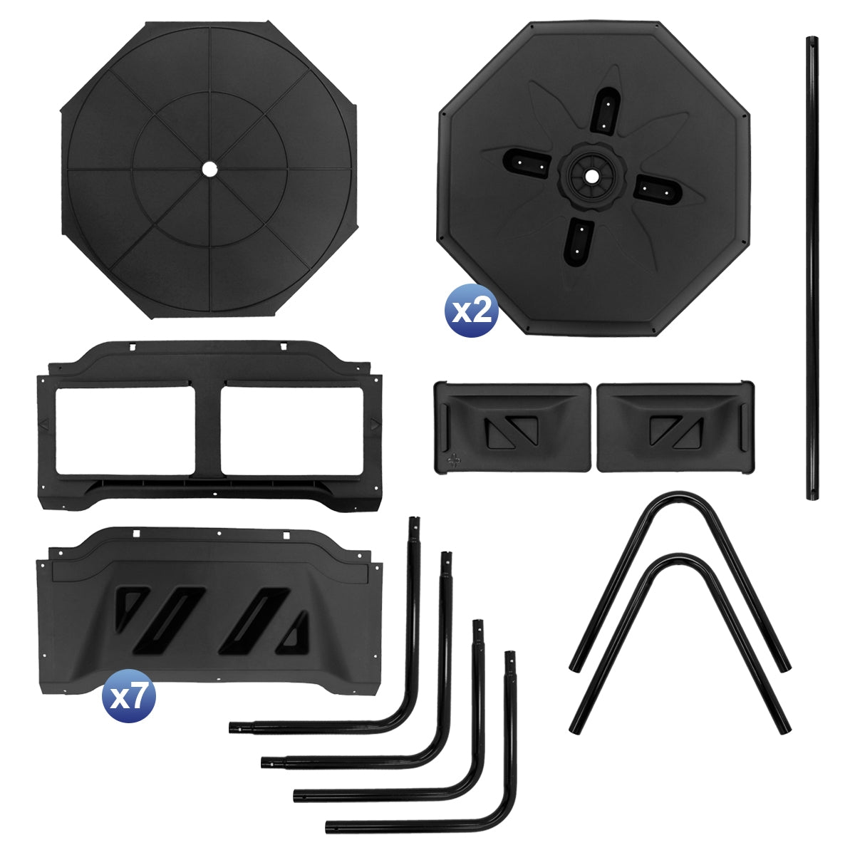 Zubehörteile für einen Pavillon, darunter Platten und Rohre in verschiedenen Formen.