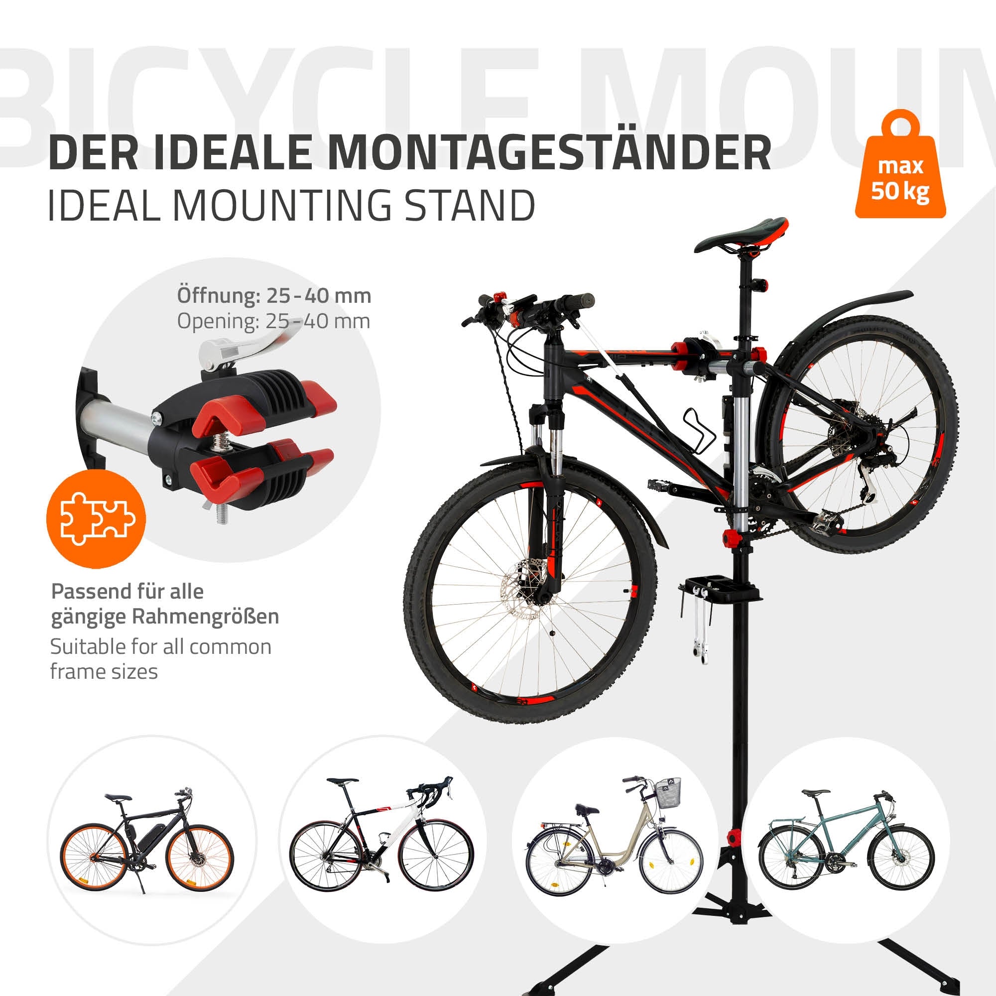 Een fietsmonteerstandaard met verschillende fietsen op de achtergrond.