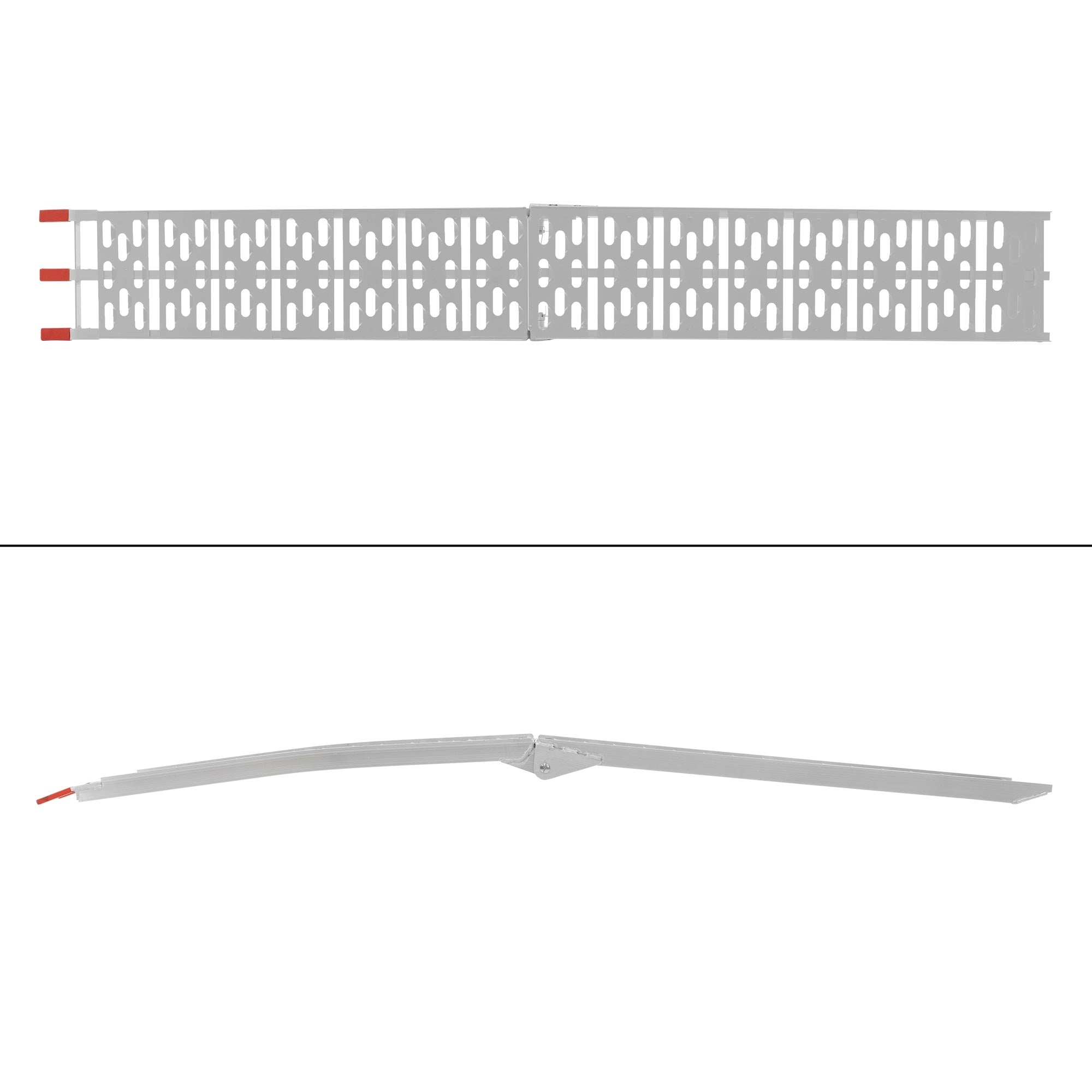 Longue plaque en métal perforée avec des extrémités rouges, disposée horizontalement.