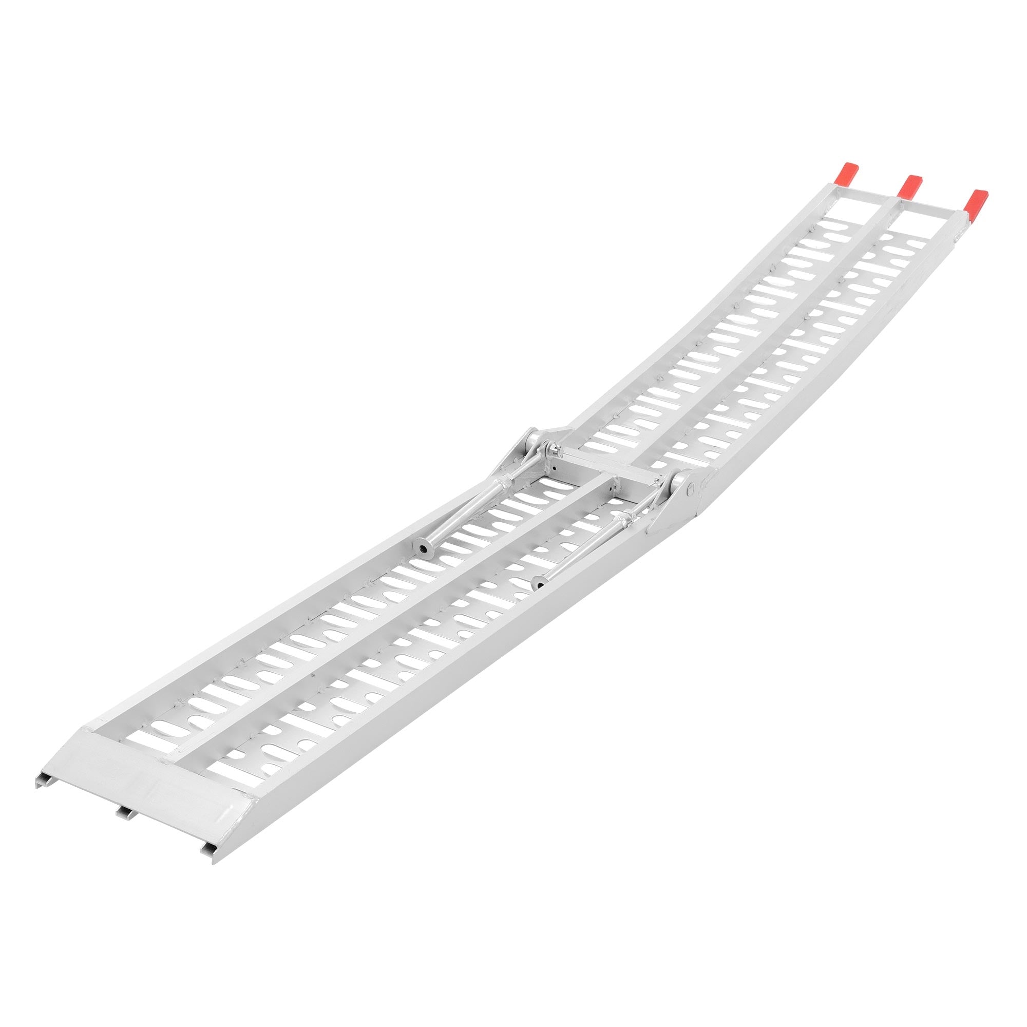 Rampe en aluminium en forme courbée, extrémités marquées en rouge.