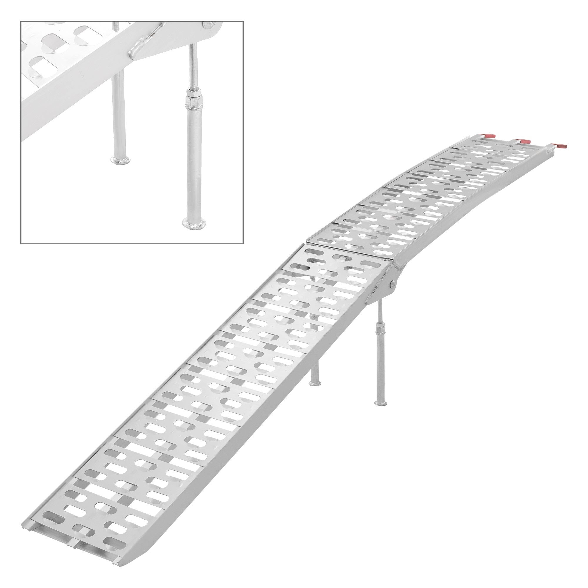 Rampe en aluminium avec des supports formant une surface inclinée.