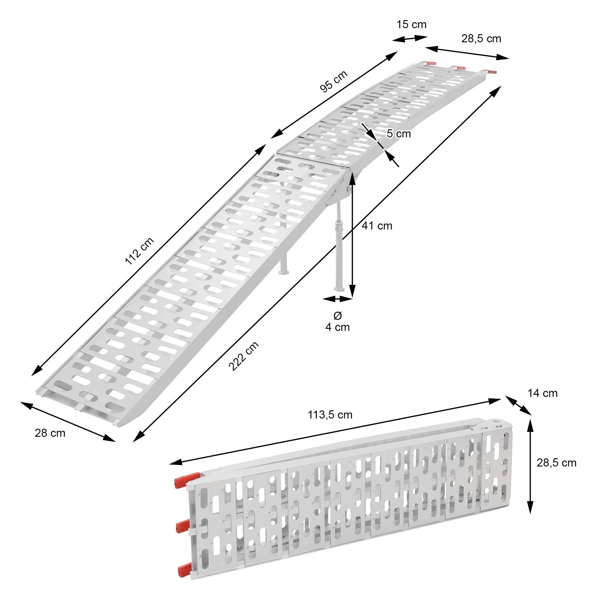 Une longue rampe en aluminium avec des dimensions et un mécanisme de pliage.