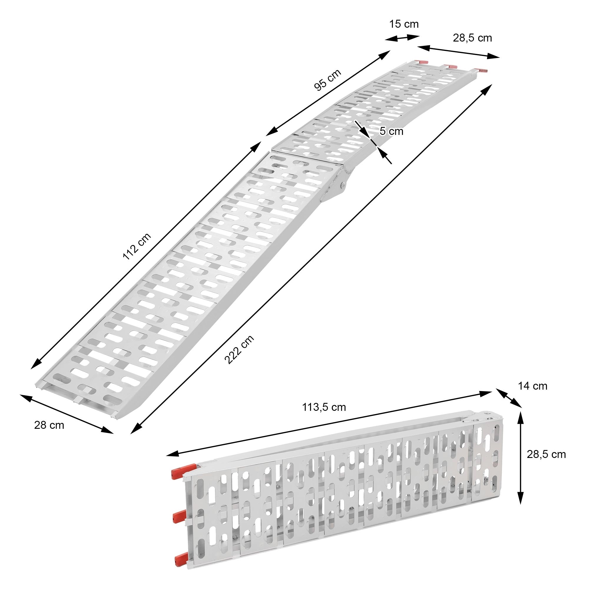 Maßzeichnung einer Aluminium-Rampe mit Abmessungen.