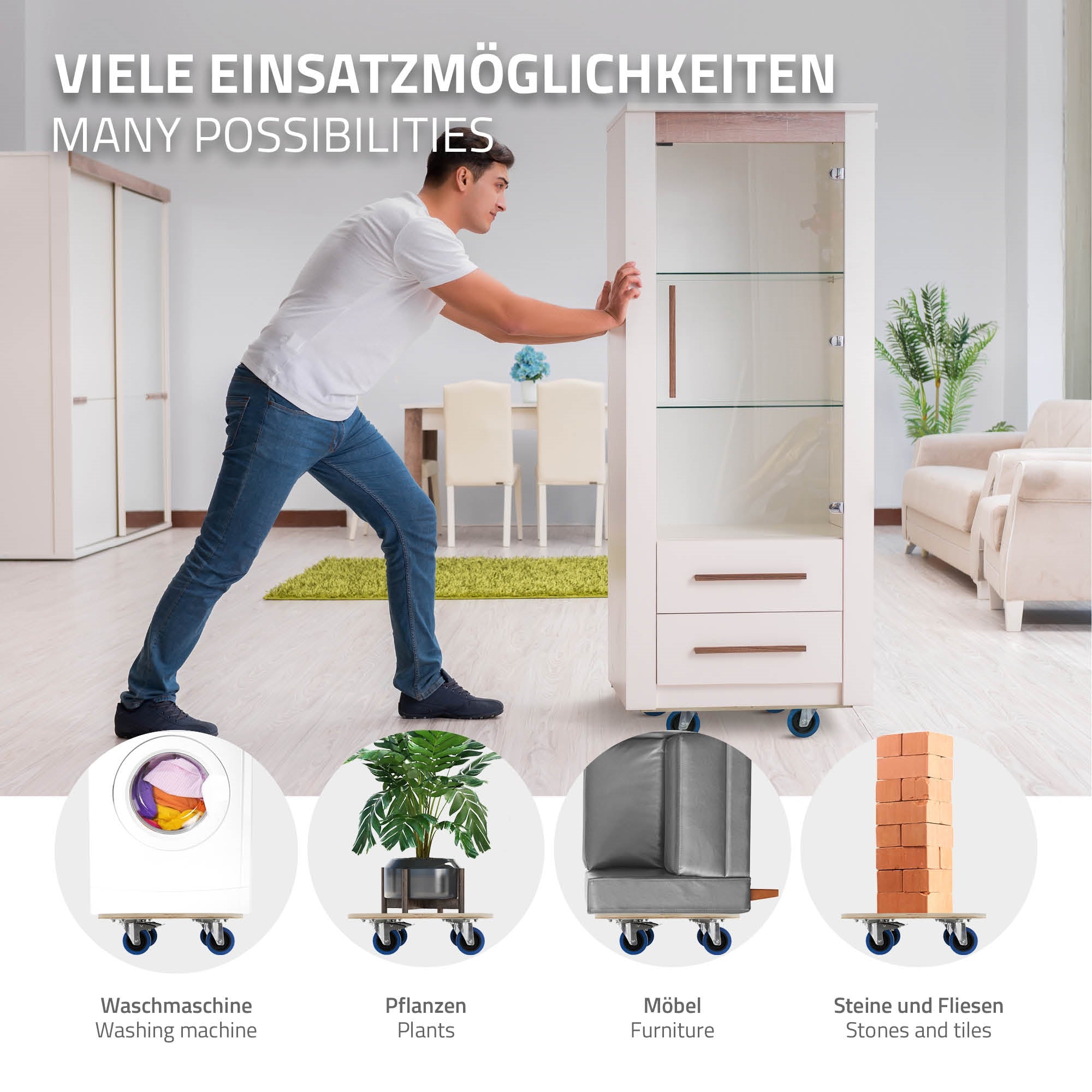 Osoba tlačí skříň na transportním vozíku, zobrazeny různé možnosti použití.