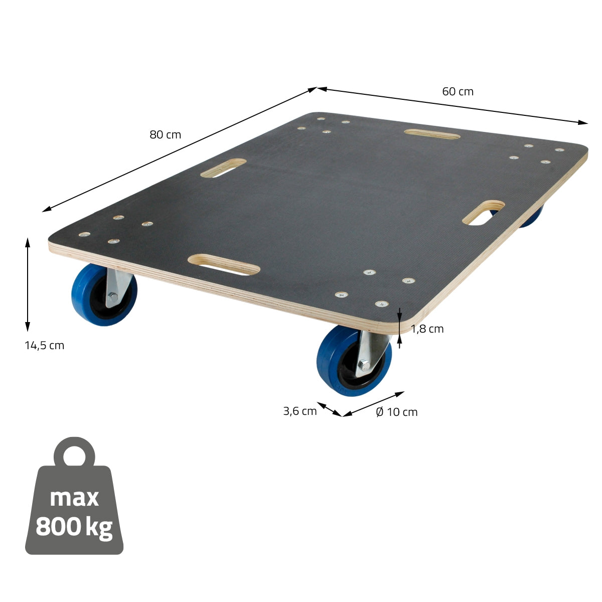 Roll cart with dimensions and a maximum load capacity of 800 kg.