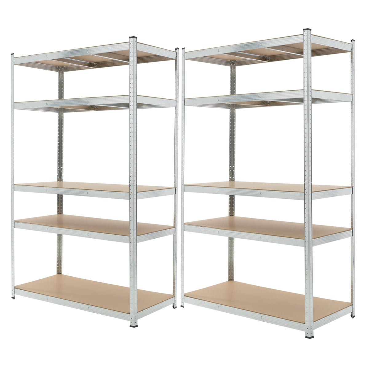 Zwei Regale mit mehreren Ablagen aus Metall und Holz.