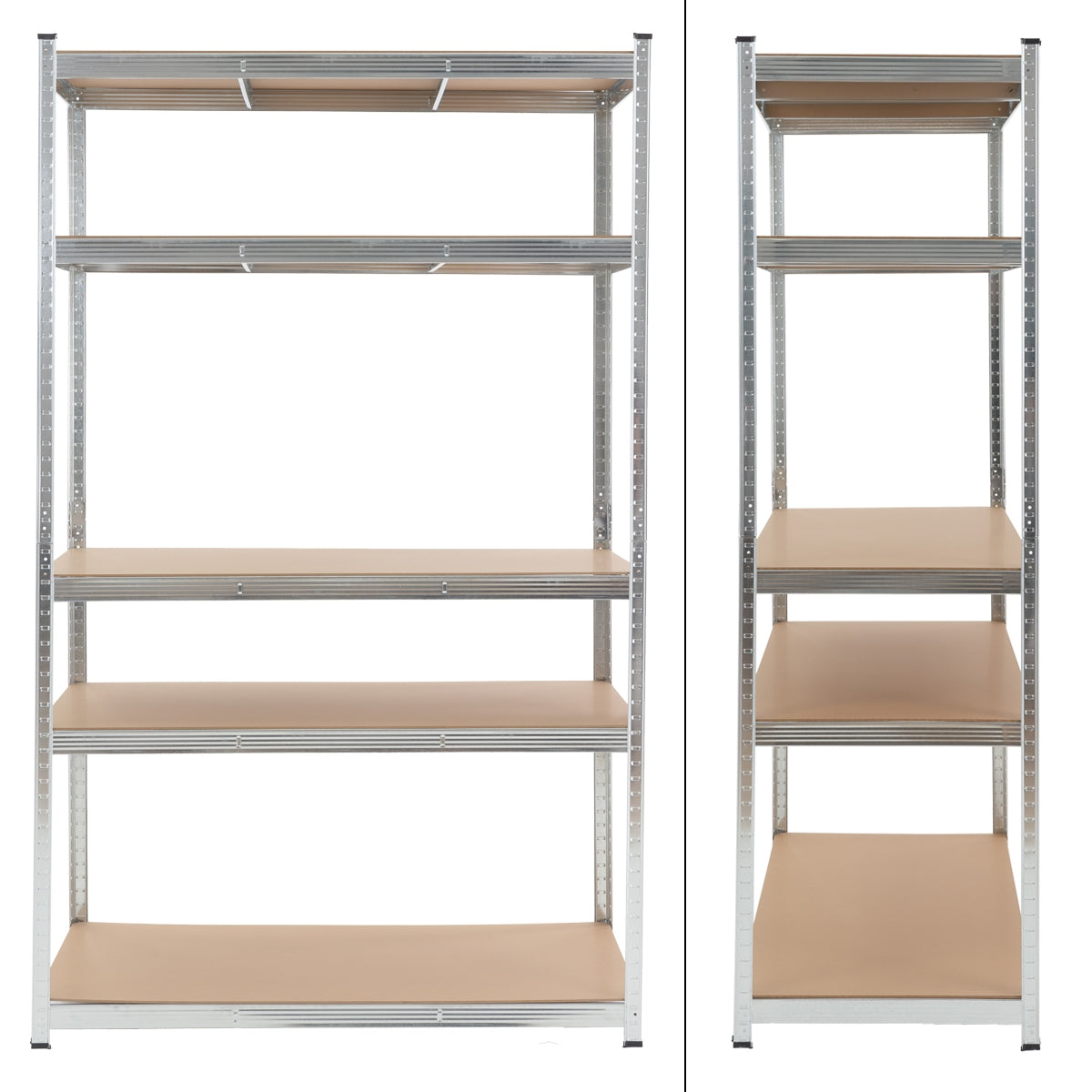 Two shelves with multiple compartments in silver color and brown shelf boards.