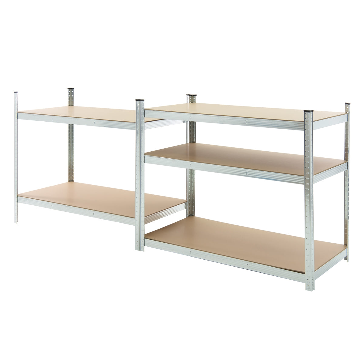 Two metal shelves with wooden compartments in a room.