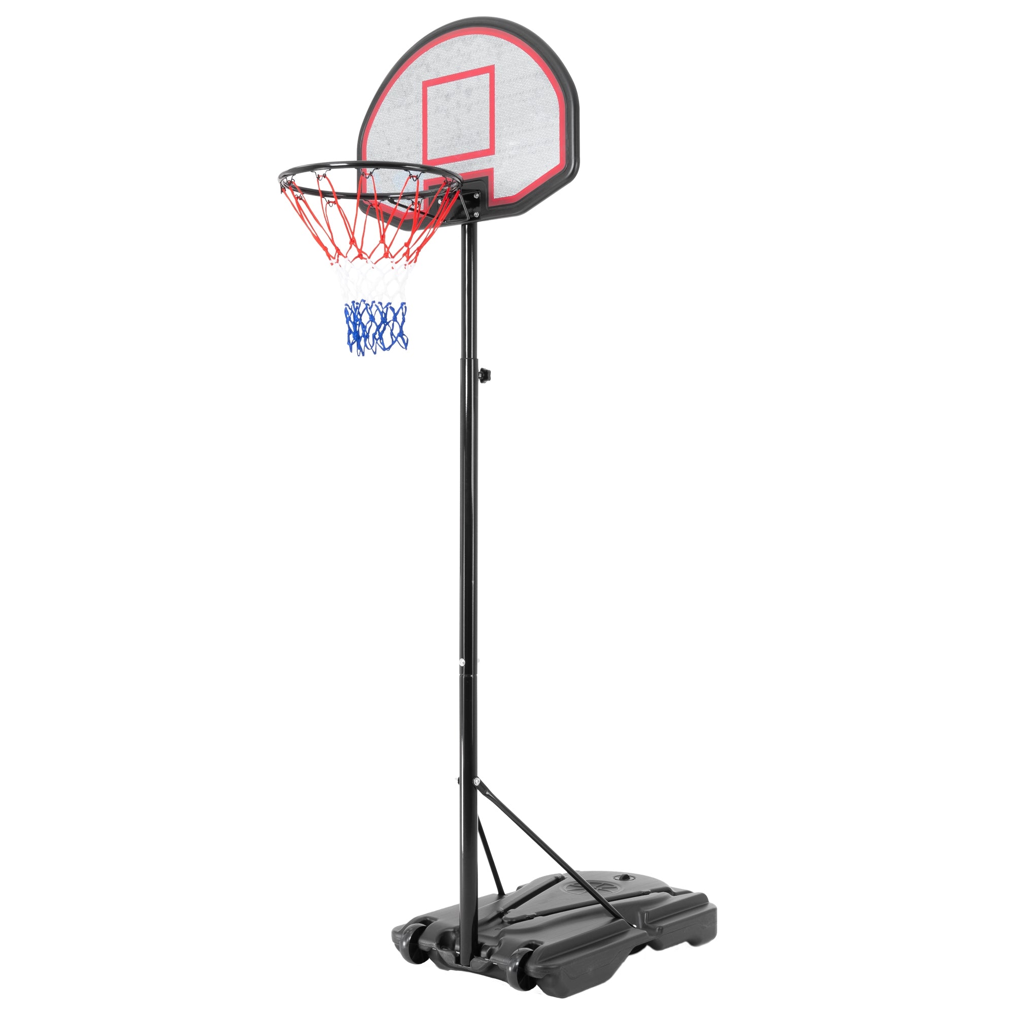 Una canasta de baloncesto en un soporte con red.
