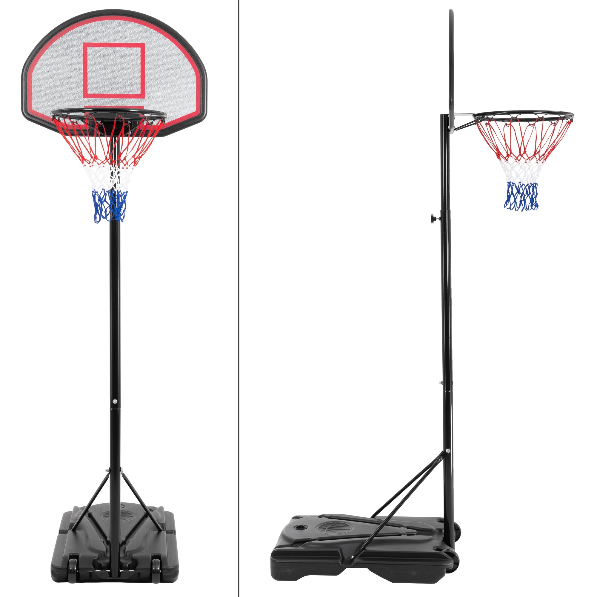 Canasta de baloncesto vista de frente y lateral, con red y base.