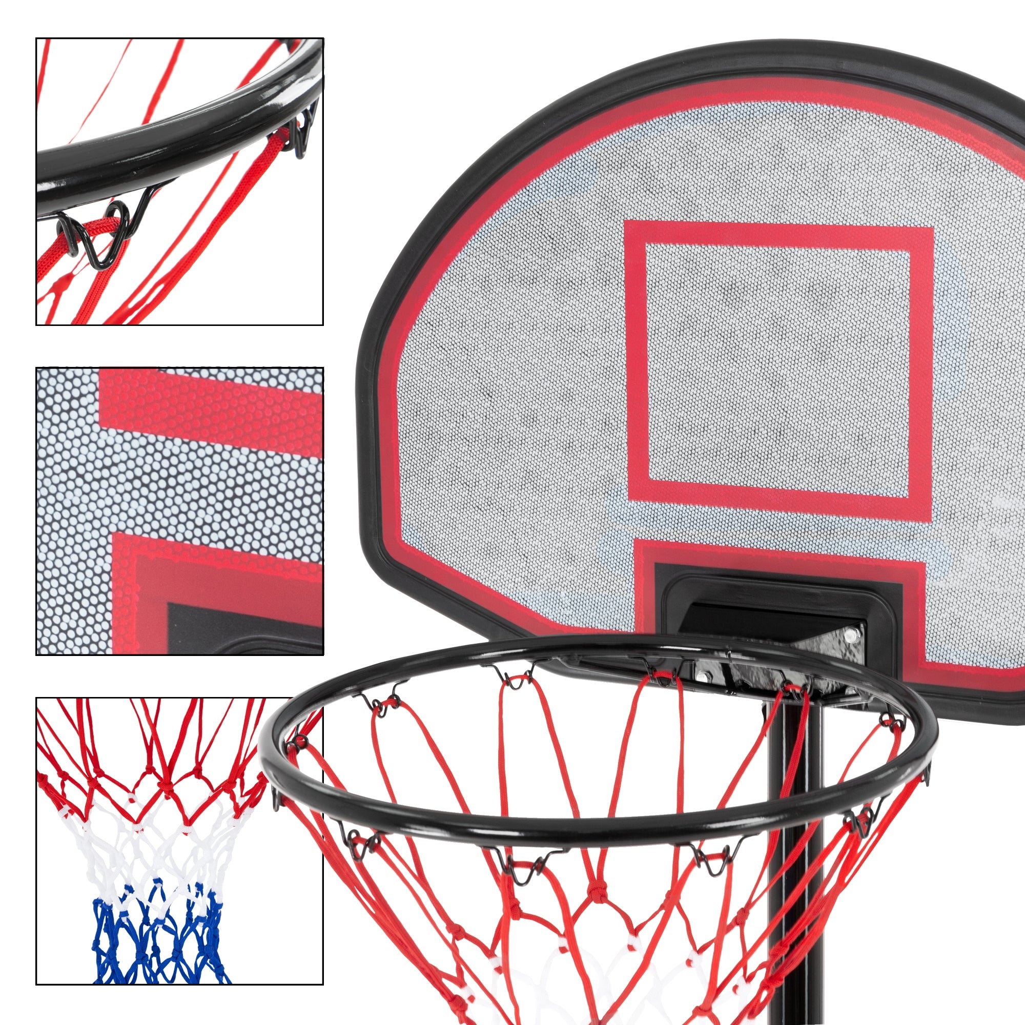 Canasta de baloncesto con red y panel trasero en primer plano.