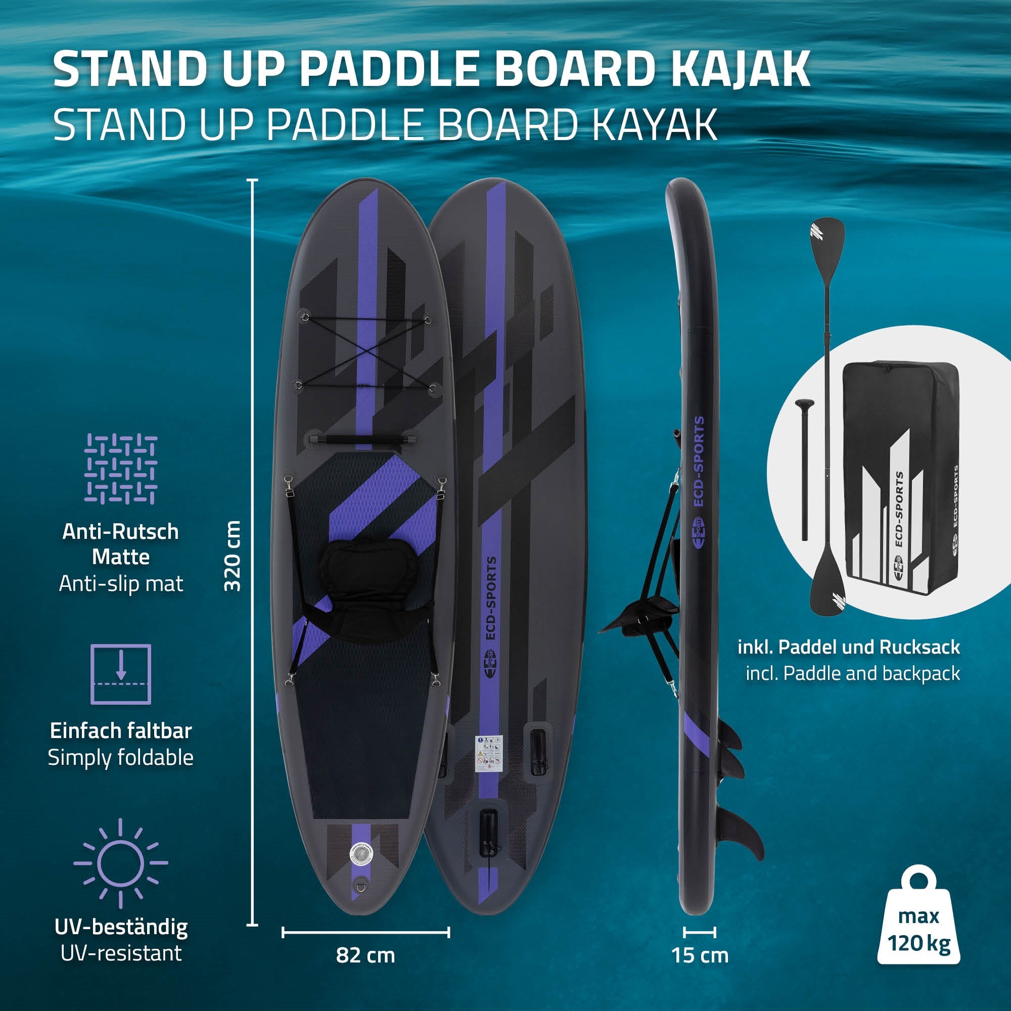 Stand Up Paddle -lauta kajakki teknisillä tiedoilla ja tarvikkeilla.