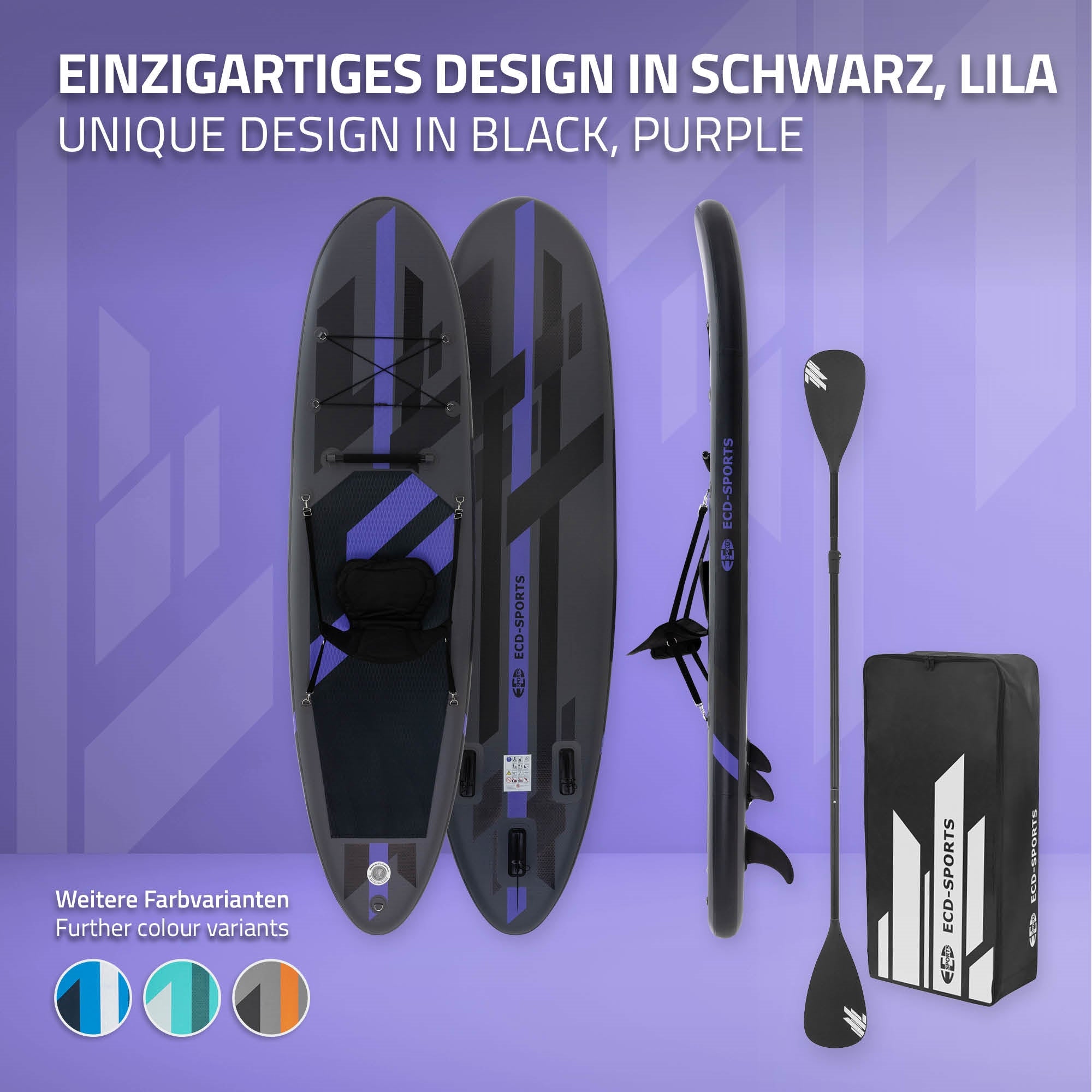 Stand Up Paddle Board mustana ja lilana, mukana mela ja kantokassi.