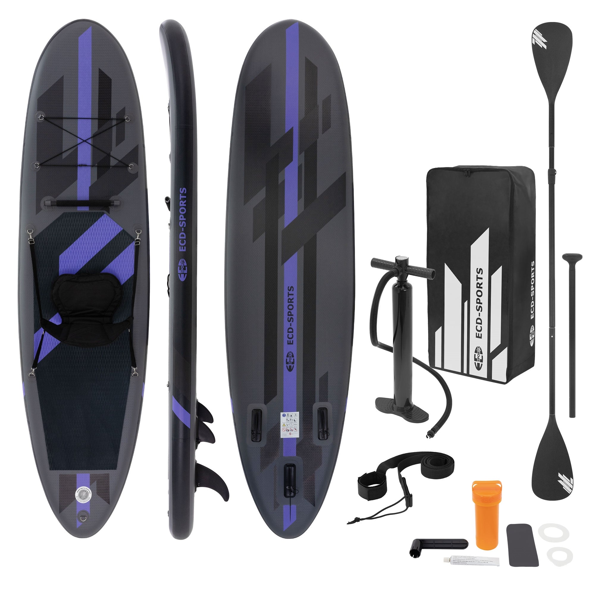 Tabla de paddle surf en negro y morado, visible desde arriba y de lado.