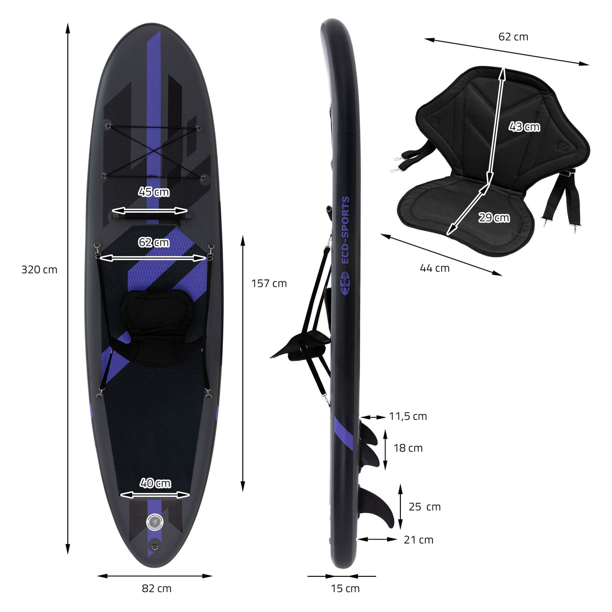 Mitat mustasta Stand-Up-Paddle-Boardista, jossa on istuin ja mitat.