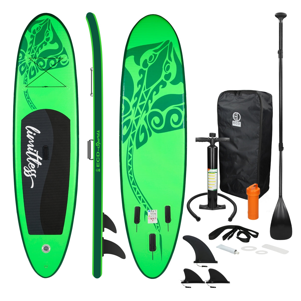 Grünes Stand-Up-Paddle-Board mit Zubehör, Paddel und Tragetasche.