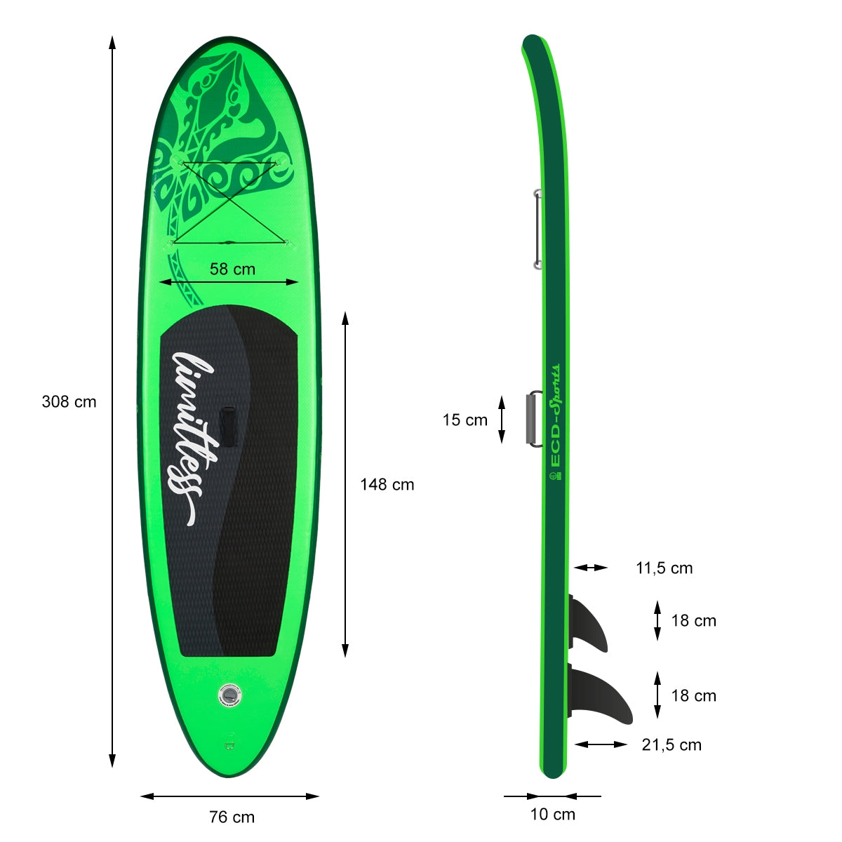 Maßzeichnung eines grünen Stand-Up-Paddle-Boards mit verschiedenen Abmessungen.