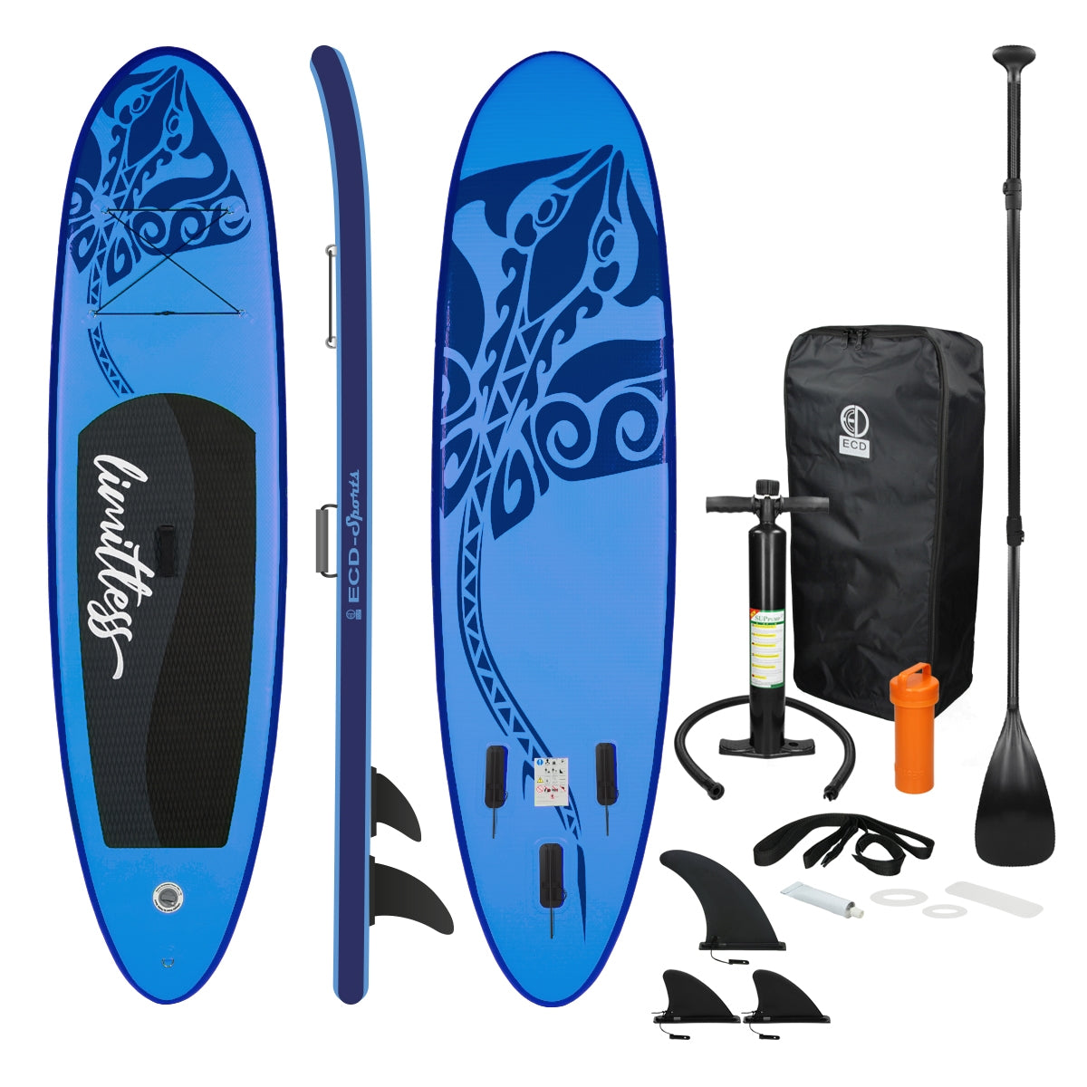 Planche de stand-up paddle bleue avec accessoires sur fond blanc.