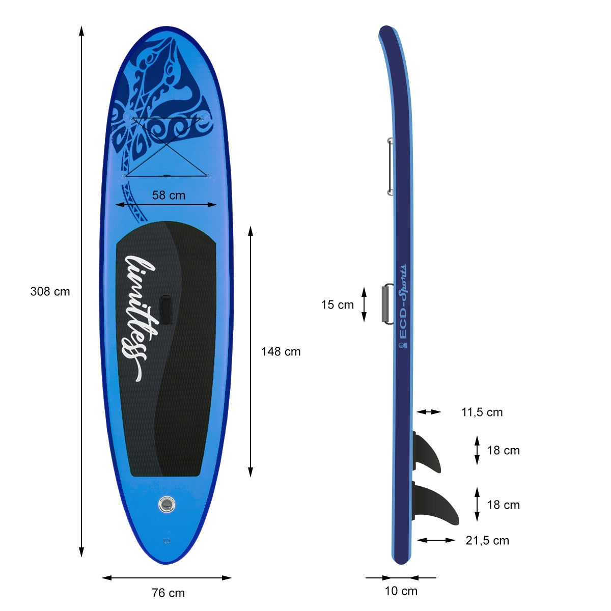 Vue latérale d'un Stand-Up Paddle Board bleu avec des dimensions et des détails.
