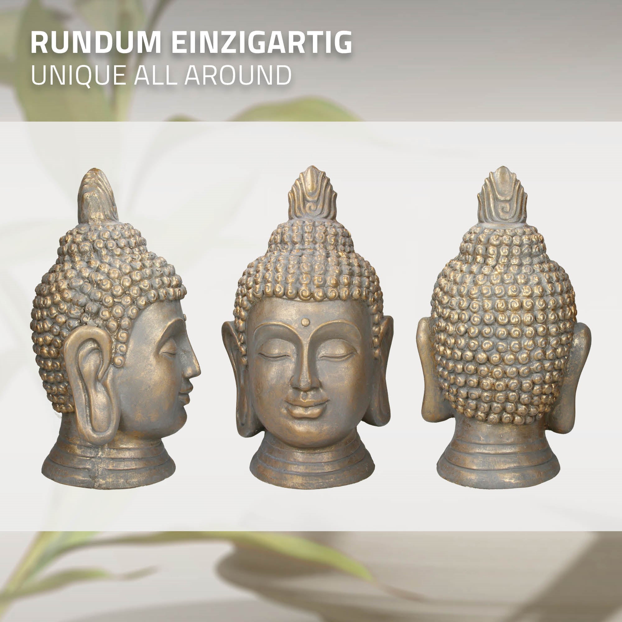 Pronssinen Buddha-pää, etu-, sivu- ja takanäkymä.