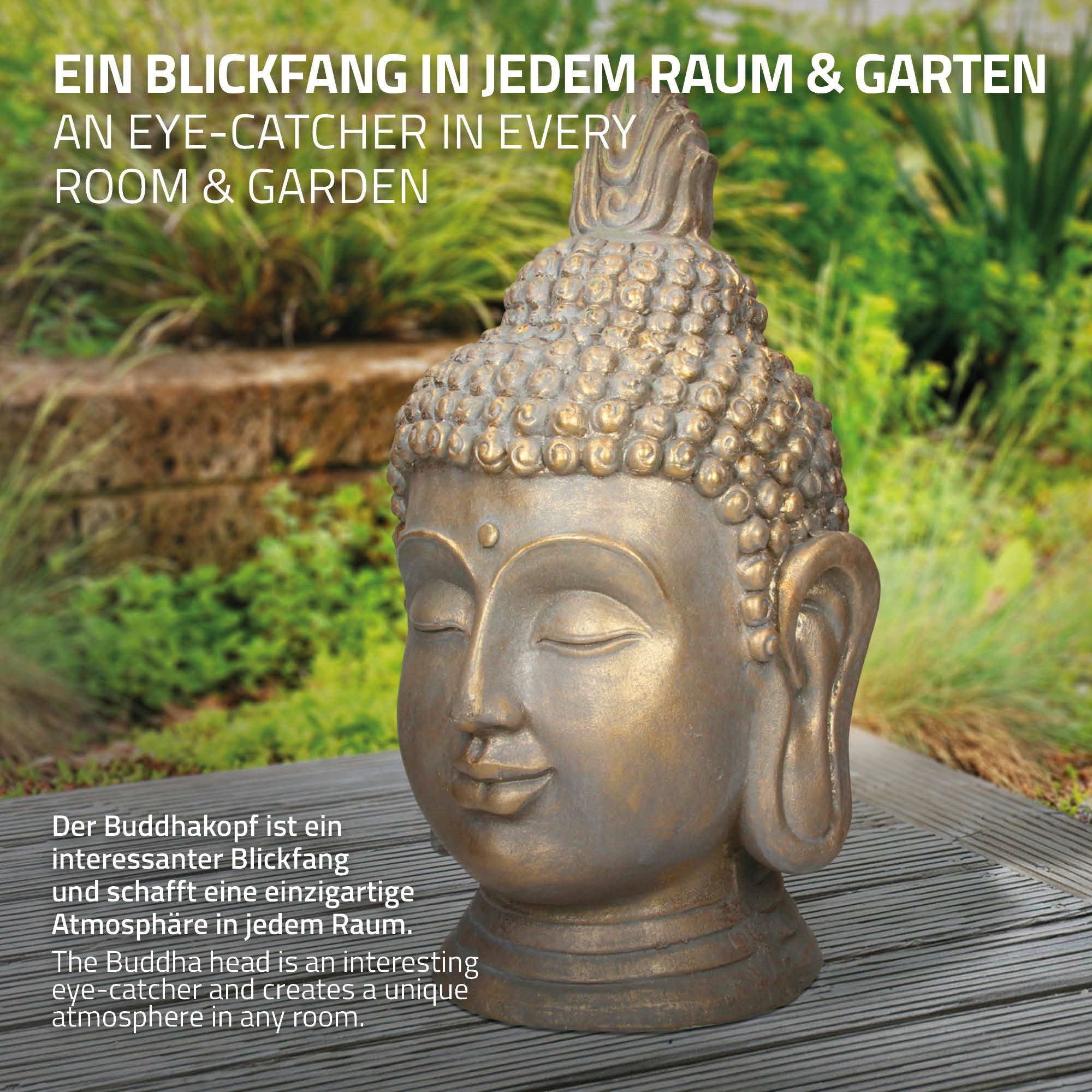 Pronssinen Buddha-pää hymyilevällä kasvoilla ja yksityiskohtaisella hiustyylillä.