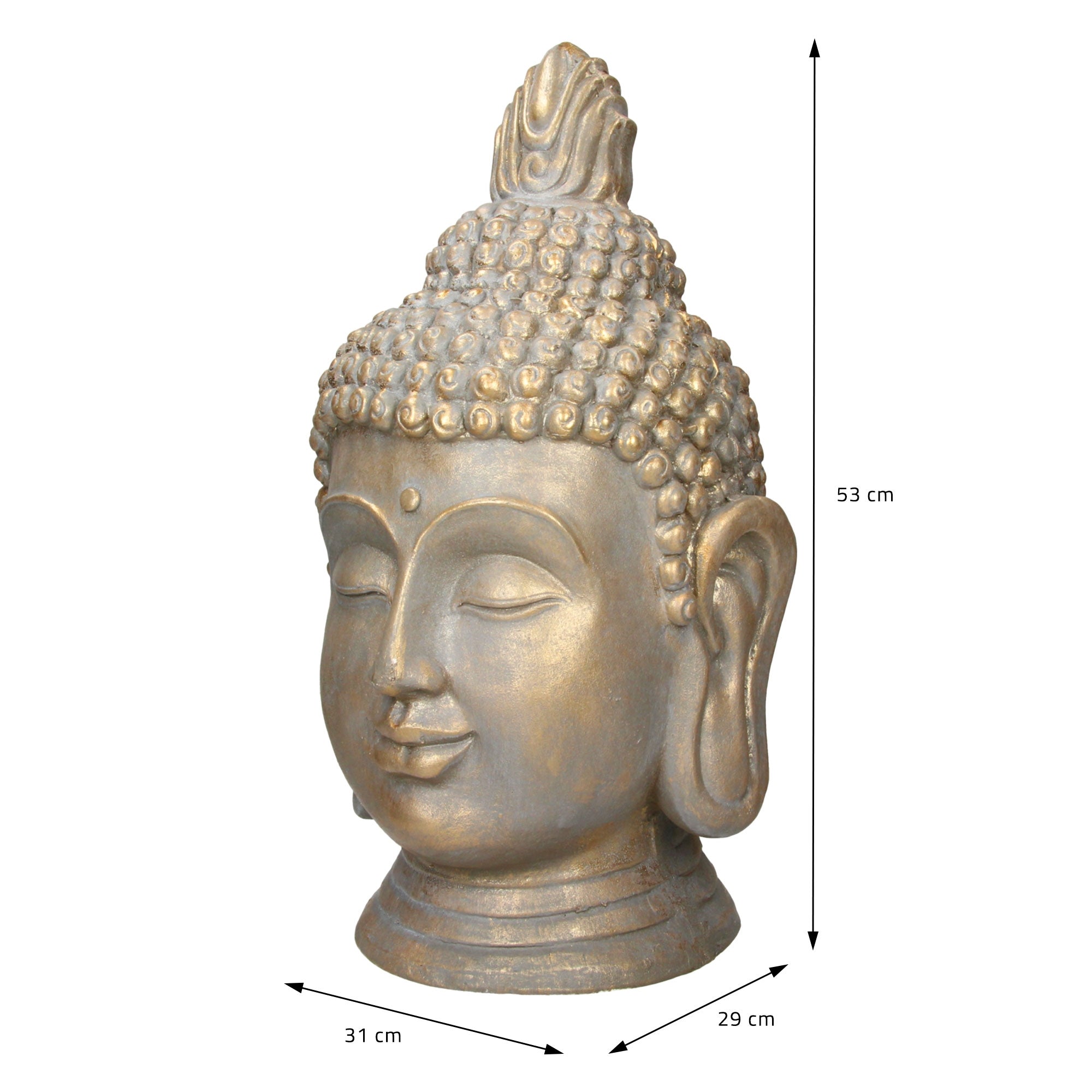 Pronssinen Buddha-pää mitoilla: 53 cm korkea, 31 cm leveä, 29 cm syvä.