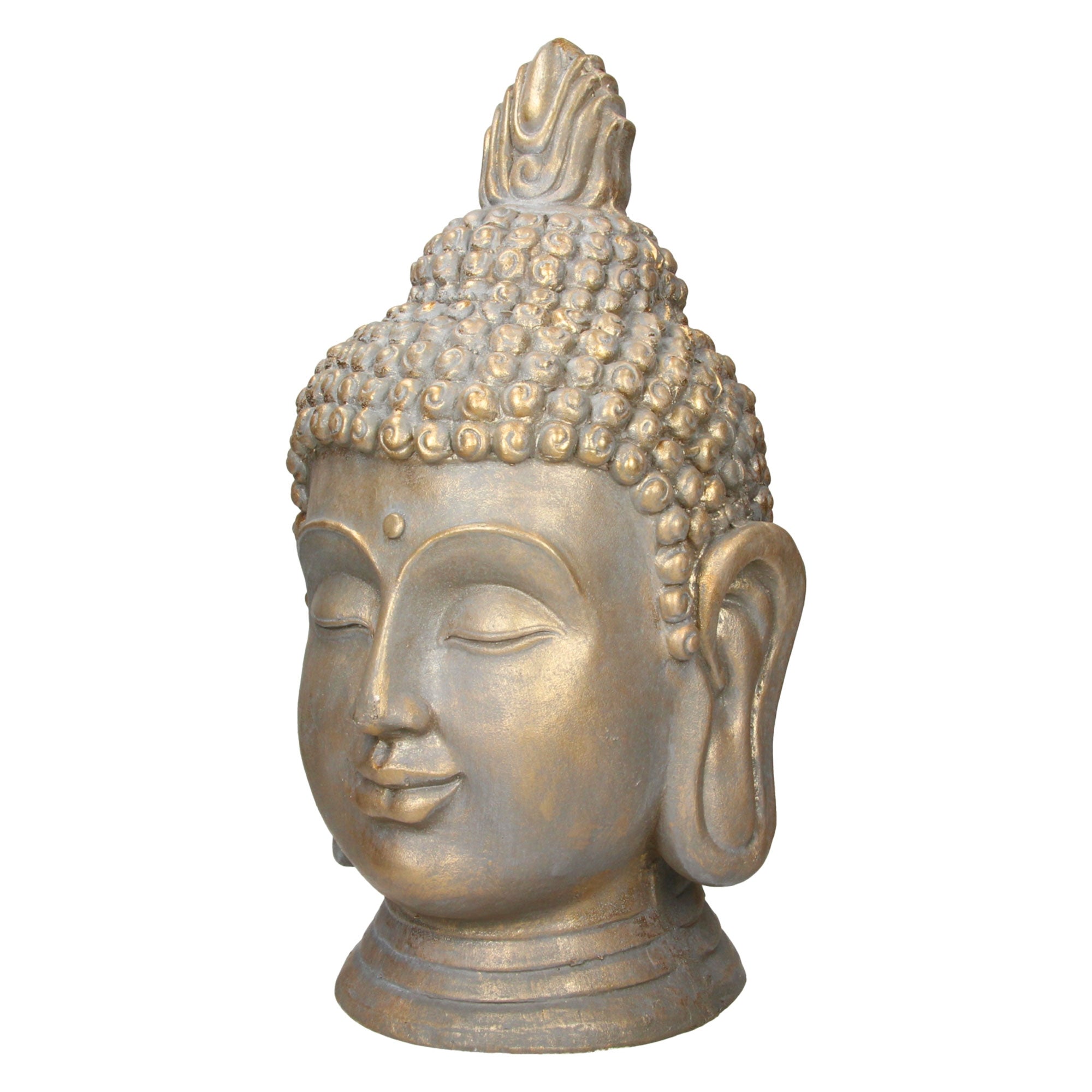 Buddha-Kopf aus Bronze mit geschlossenen Augen und detaillierter Struktur.