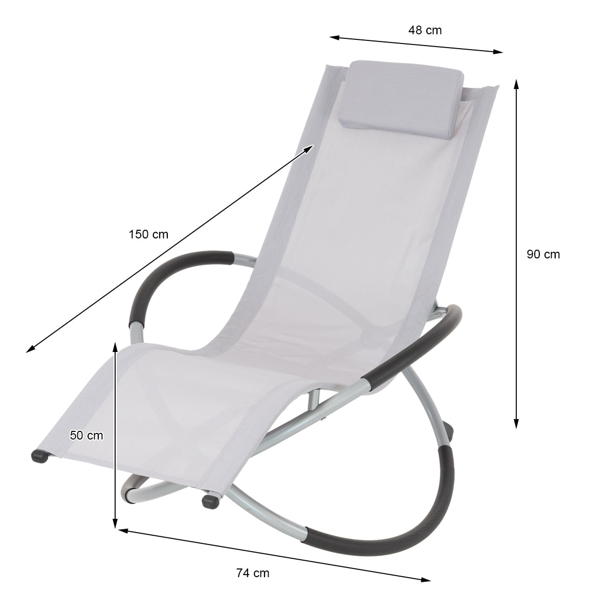 Dimension drawing of a lounge chair with headrest and footrest.