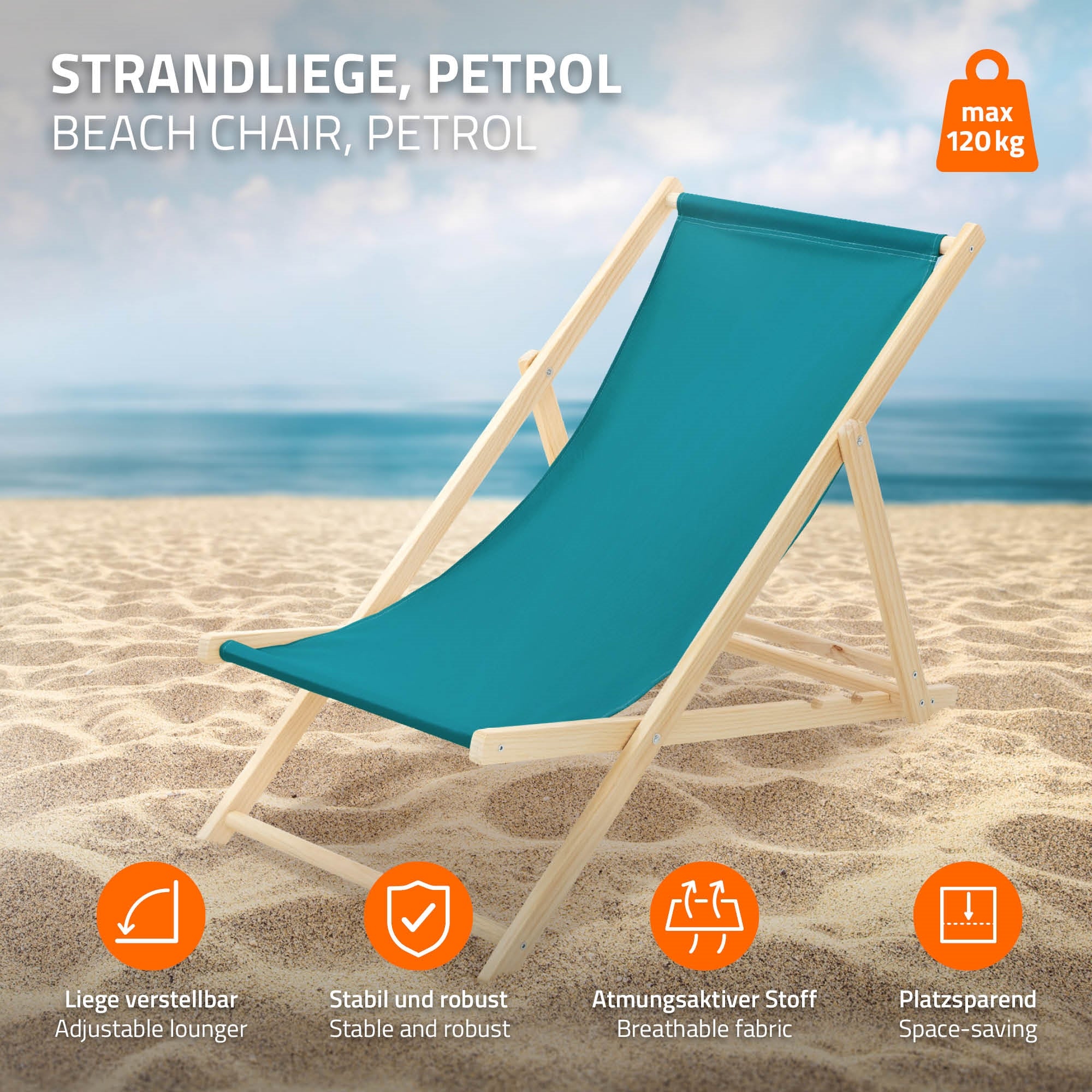 Strandligstoel in petrolkleur, stevig en ademend weefsel.