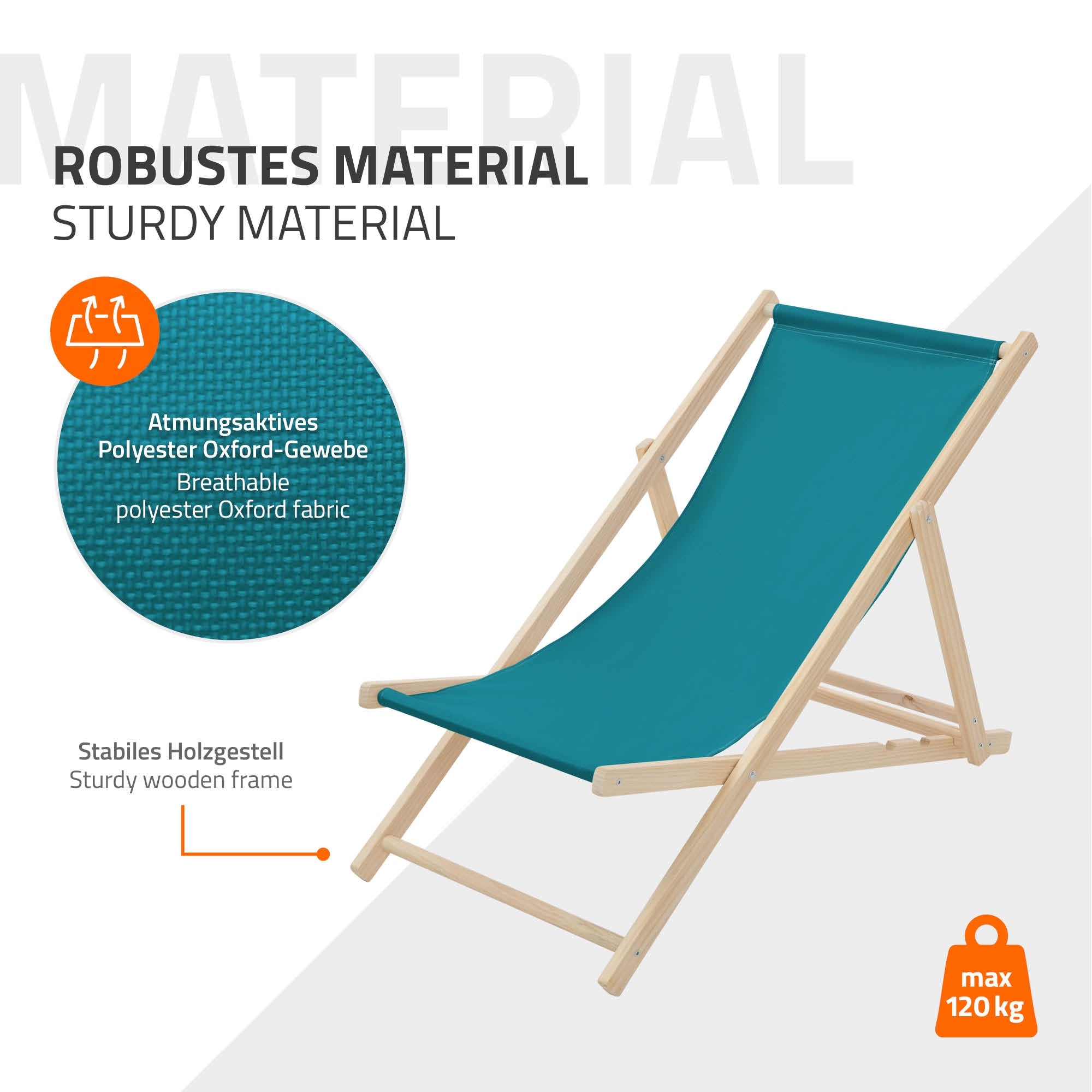 Strandligstoel in turquoise met een stevig houten frame en ademende stof.