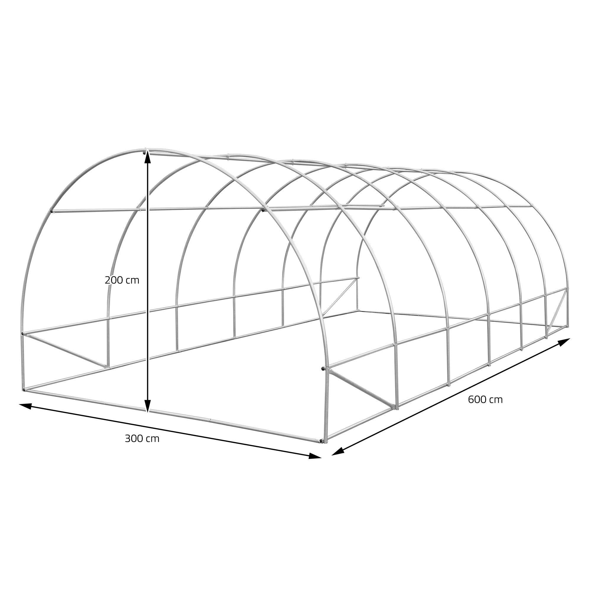 Estructura de un invernadero con forma de arco y medidas.