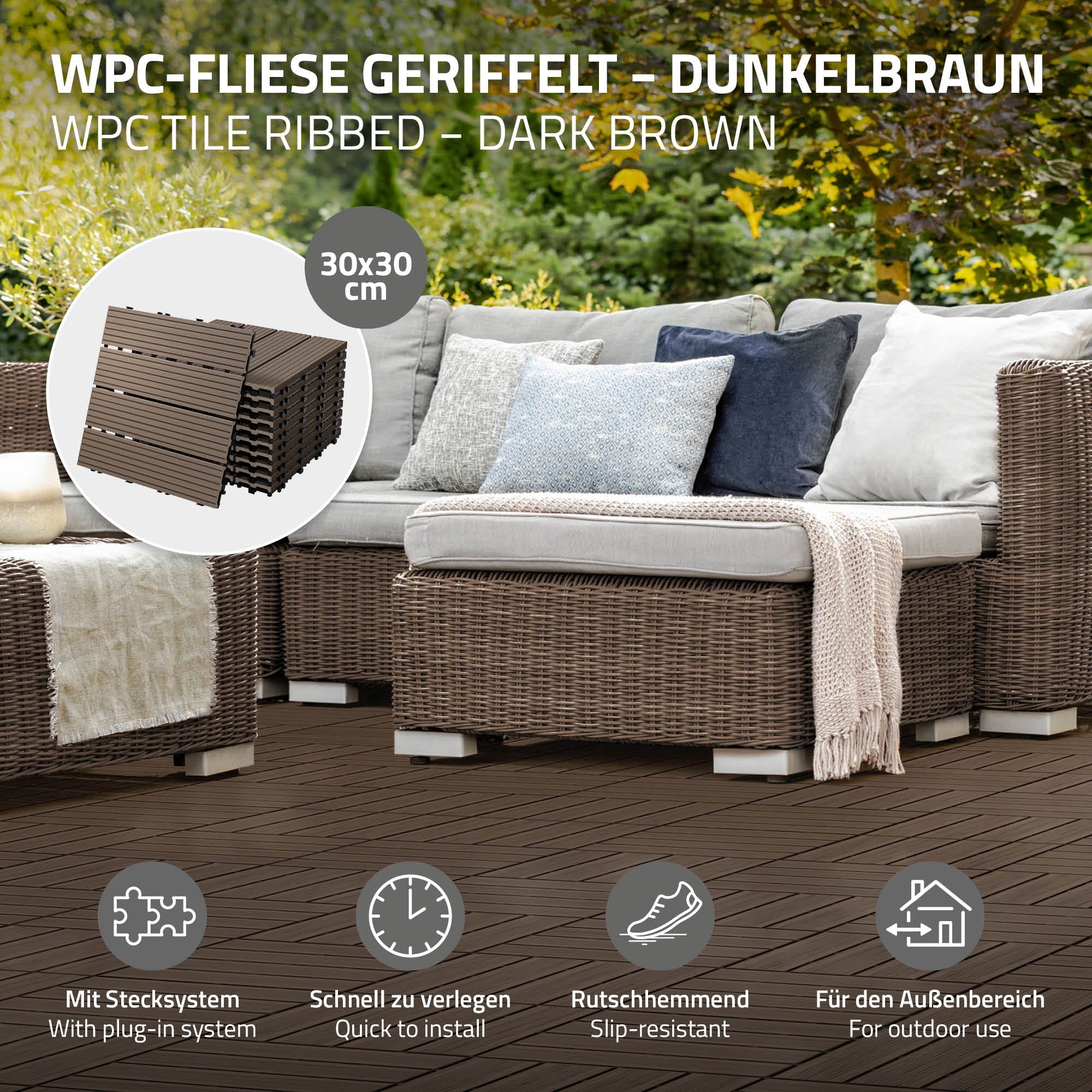 WPC-tegels in donkerbruin, 30x30 cm, voor buiten.