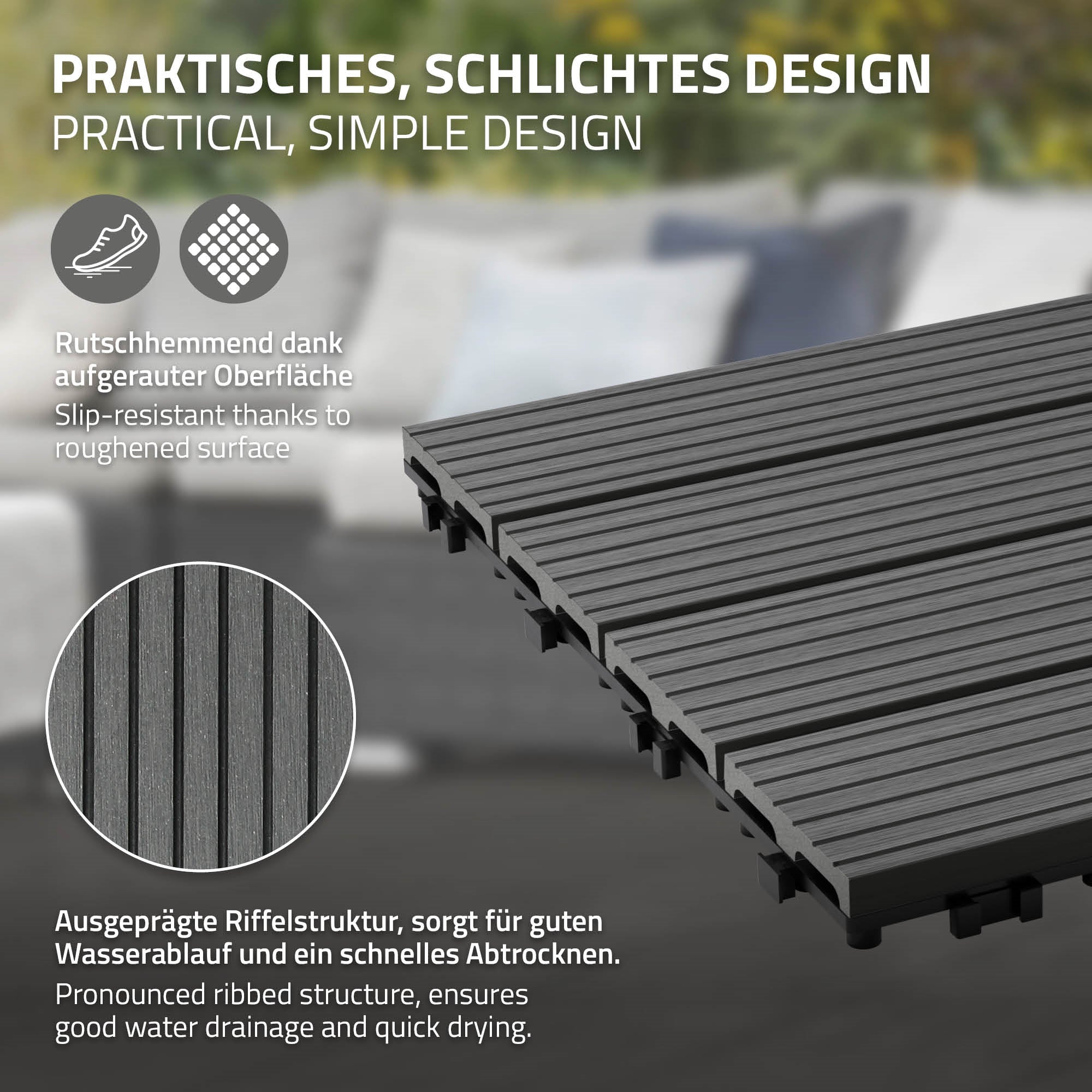 Donkerbruine WPC-tegel met antislipoppervlak en ribbelstructuur.