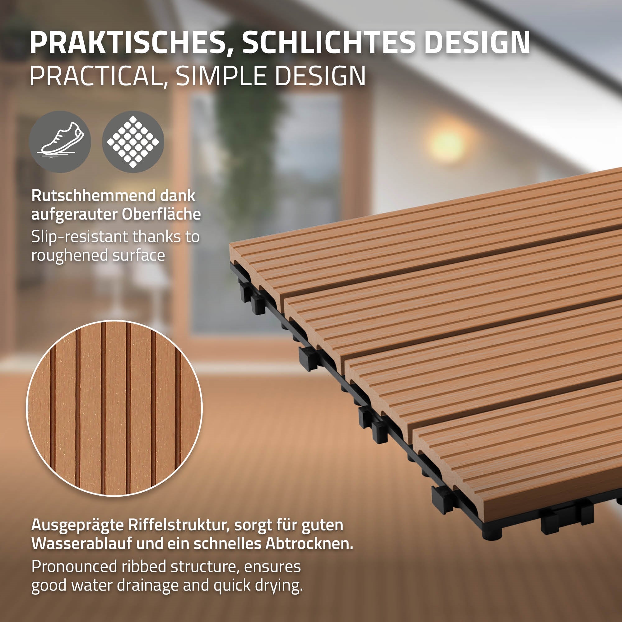 Gros plan d'une terrasse en WPC avec une surface antidérapante et un design texturé.