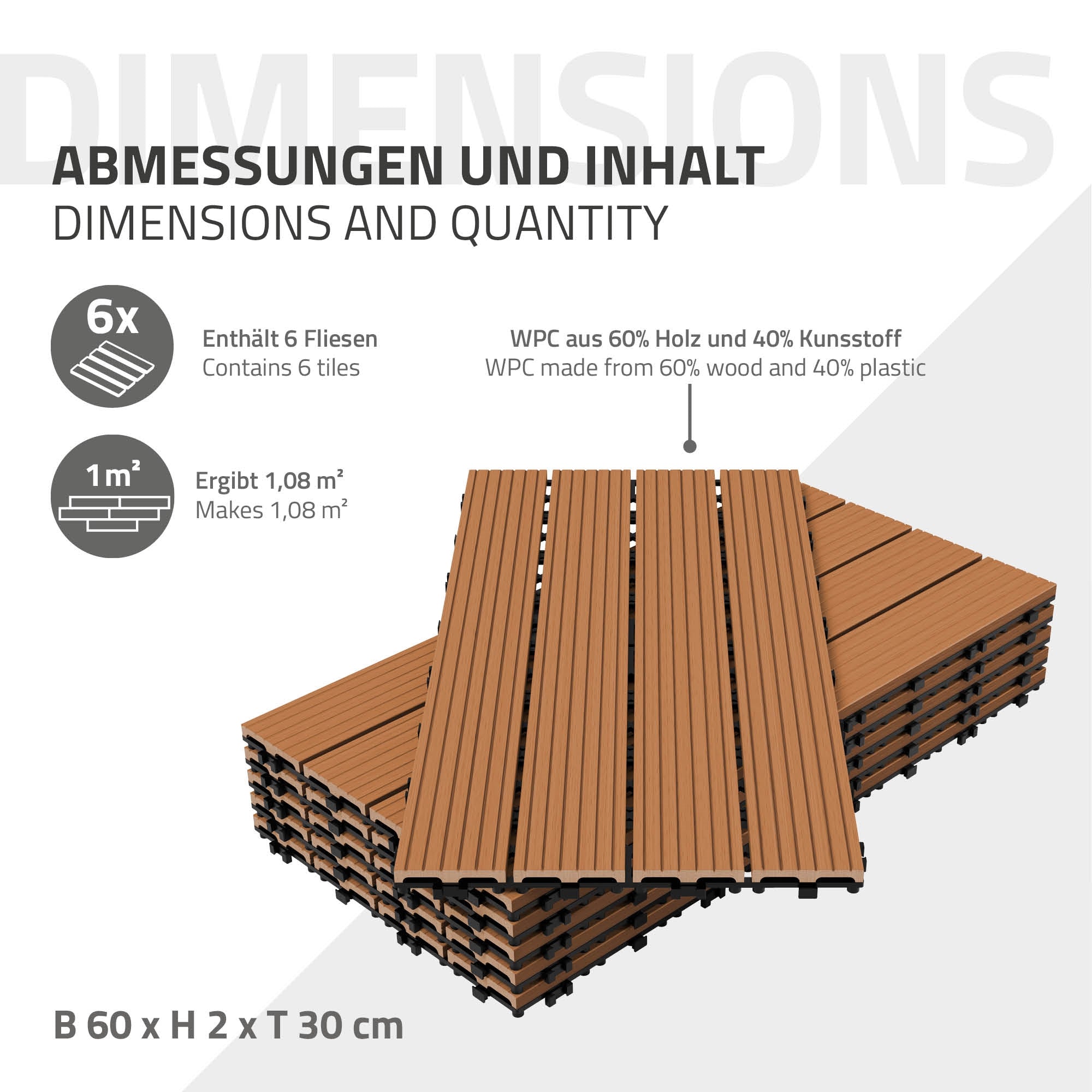 Sechs WPC-Fliesen in einem Stapel, Maße und Materialbeschreibung.