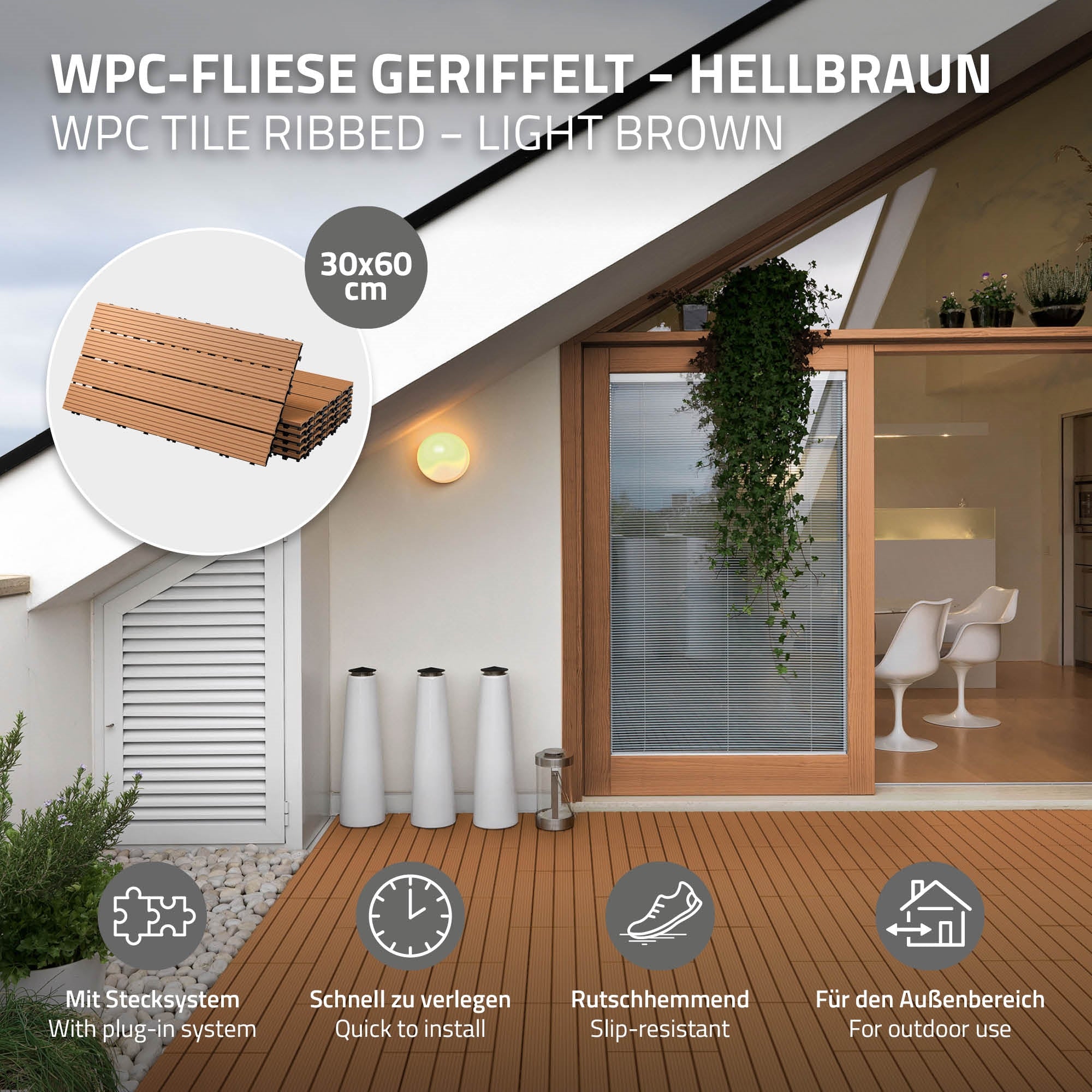 Carreaux WPC en brun clair avec des informations sur les dimensions et les caractéristiques.