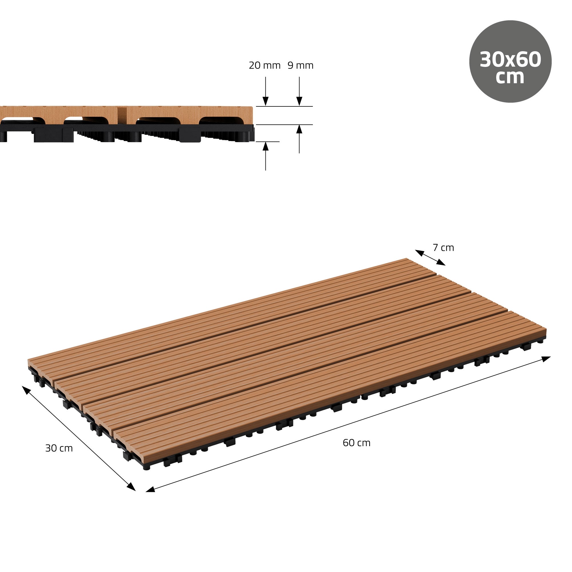 Planche en bois avec des dimensions de 30x60 cm et une épaisseur de 20 mm, sur fond blanc.