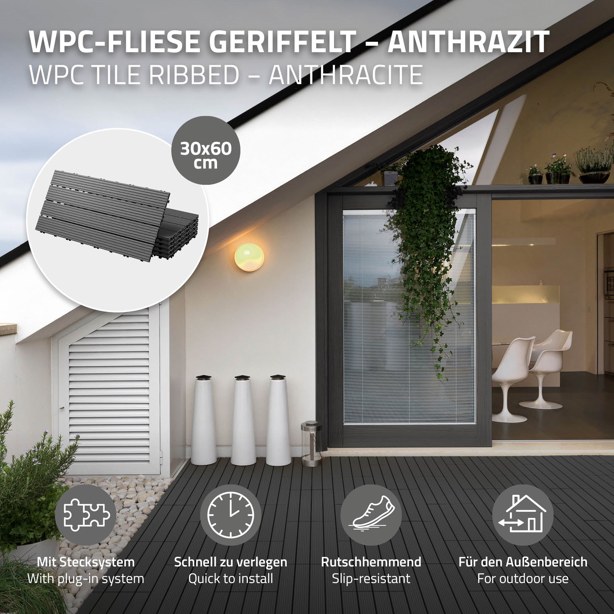 WPC-tegels in antraciet met steeksysteem op een terras.
