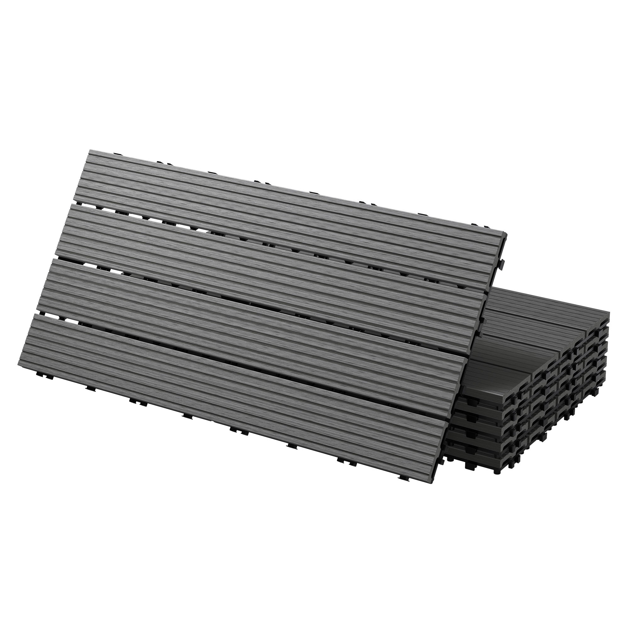Black WPC tiles stacked, with a ribbed surface.