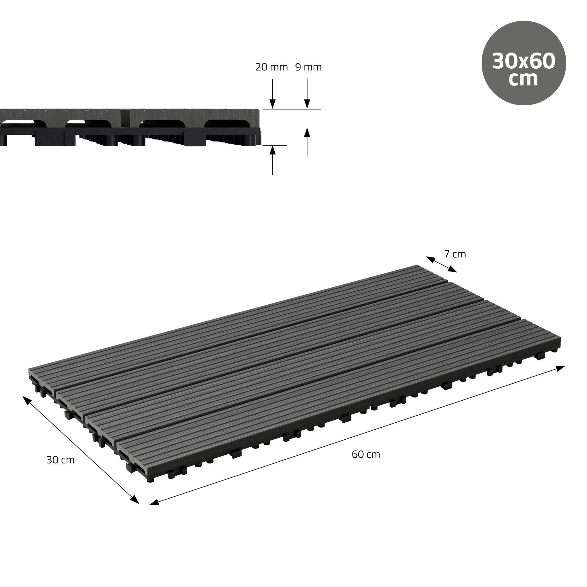 Black floor slab with dimensions 30x60 cm and profile view.