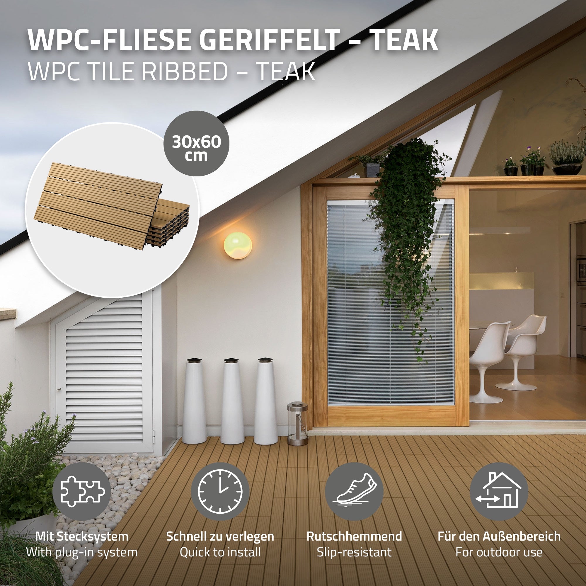 Piastrella WPC rigata in colore teak, 30x60 cm, con sistema a incastro.
