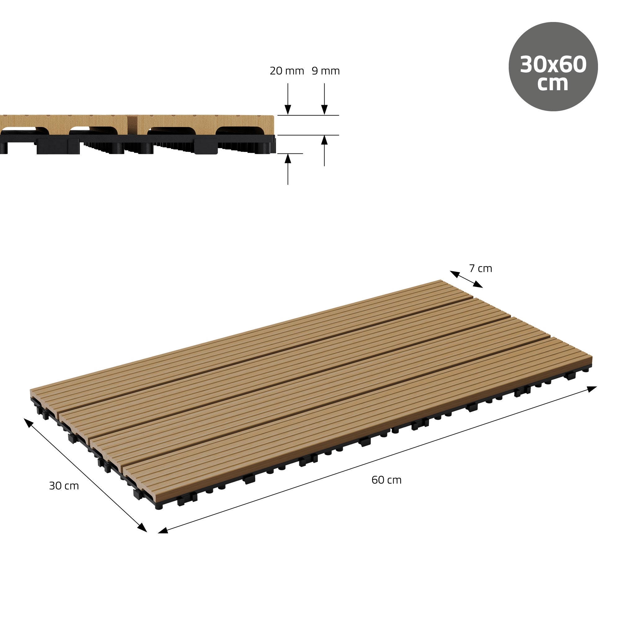 Pannello di legno con dimensioni 30x60 cm, spessore di 20 mm, 9 mm di distanza tra le scanalature.