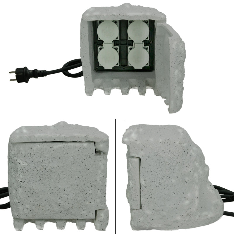 Betonblock mit Steckdosen und Kabelanschluss, dreidimensional dargestellt.