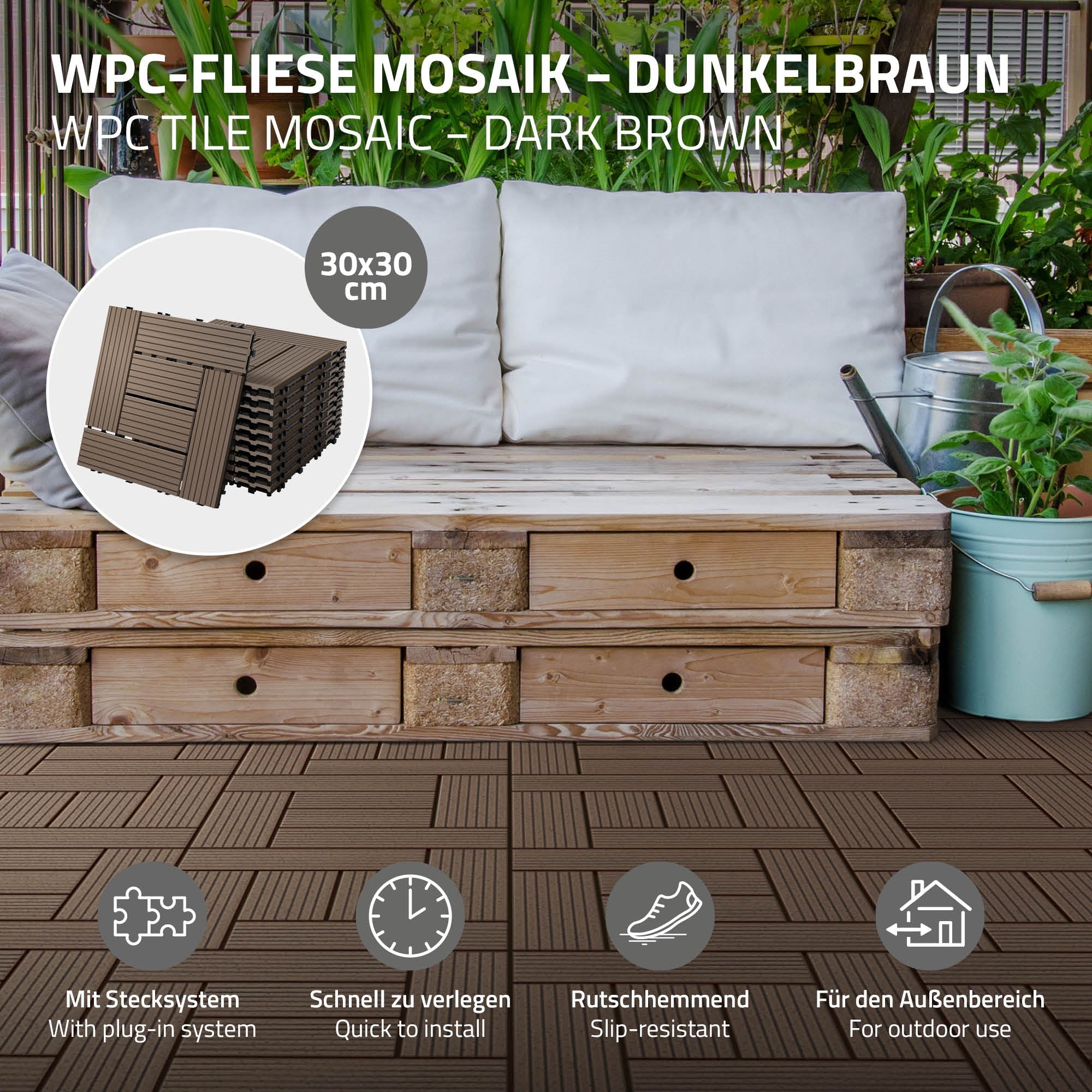 WPC-tegels in donkerbruin, 30x30 cm, op een houten oppervlak.
