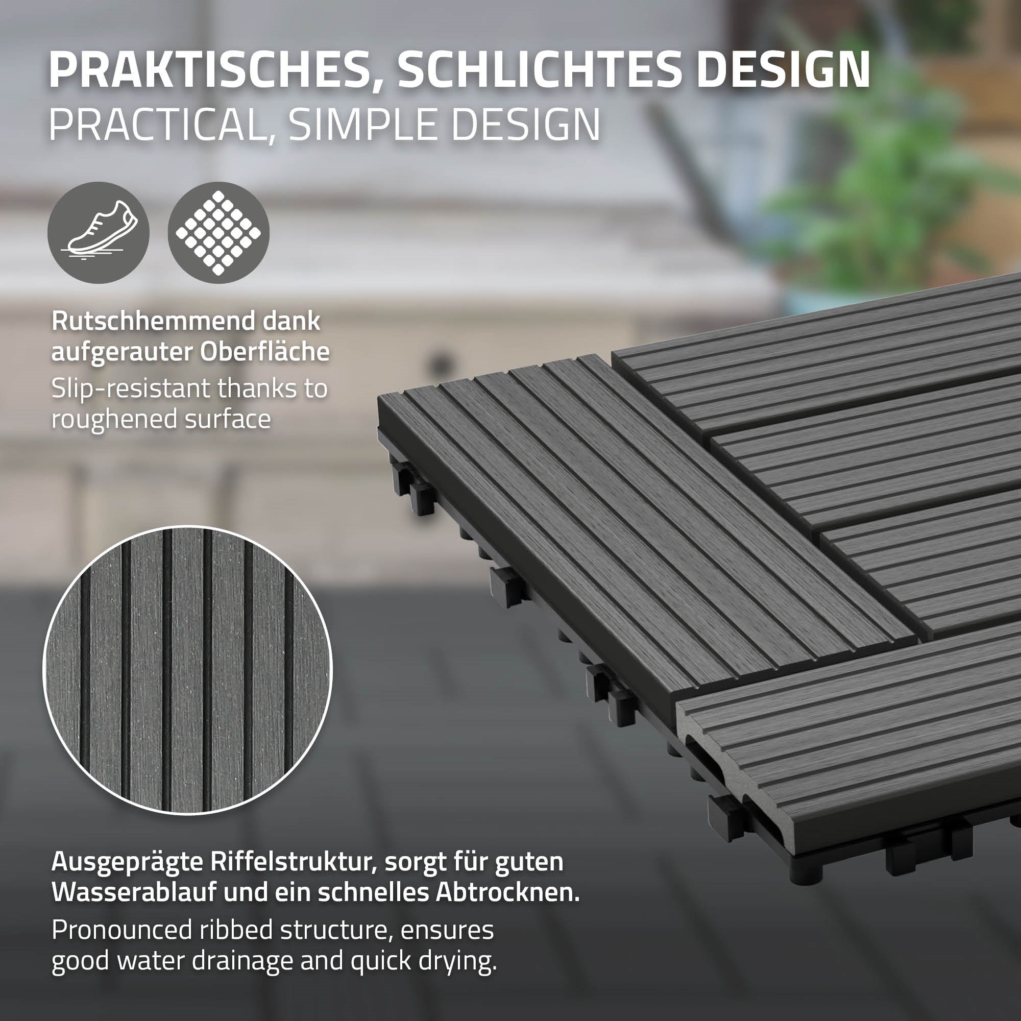 Nærbillede af en WPC-flise med skridsikker overflade og struktureret design.