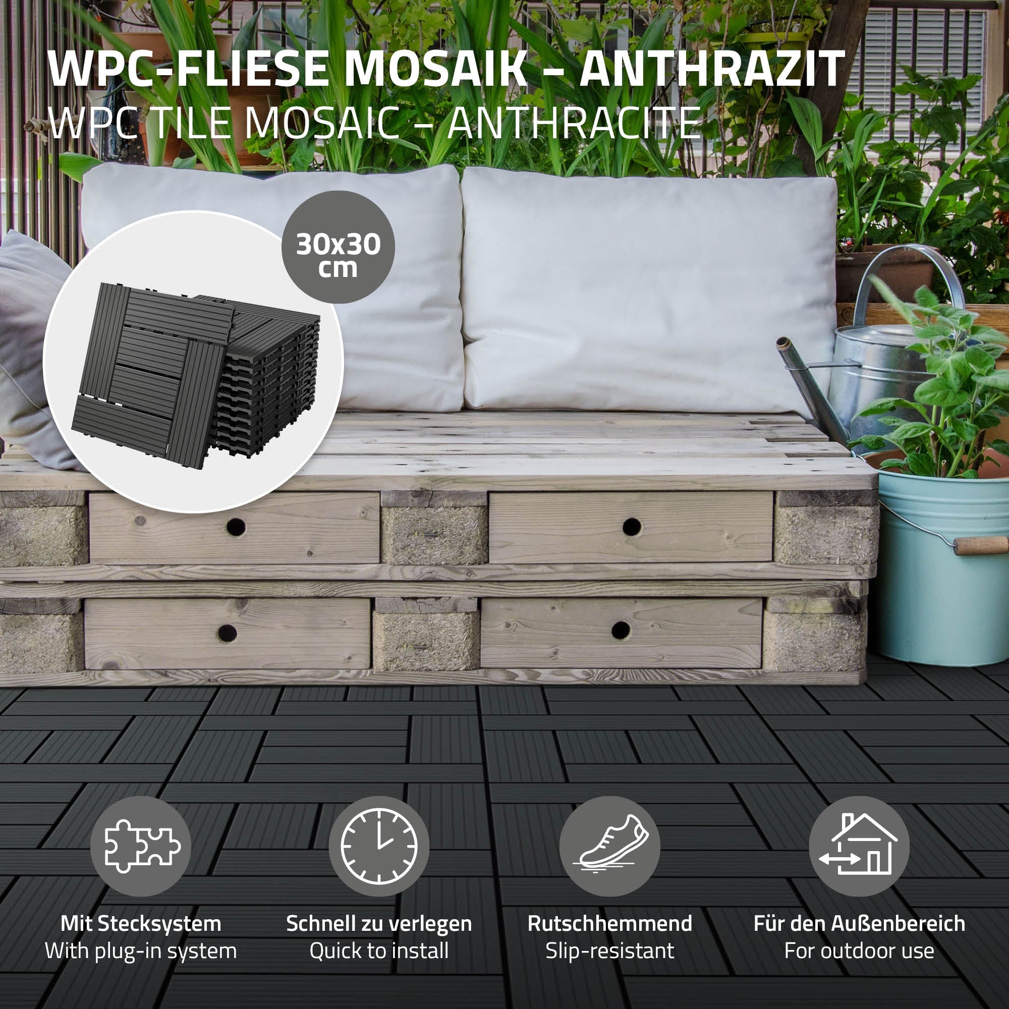 WPC-tegel in antraciet op een houten terras met zitgelegenheid.