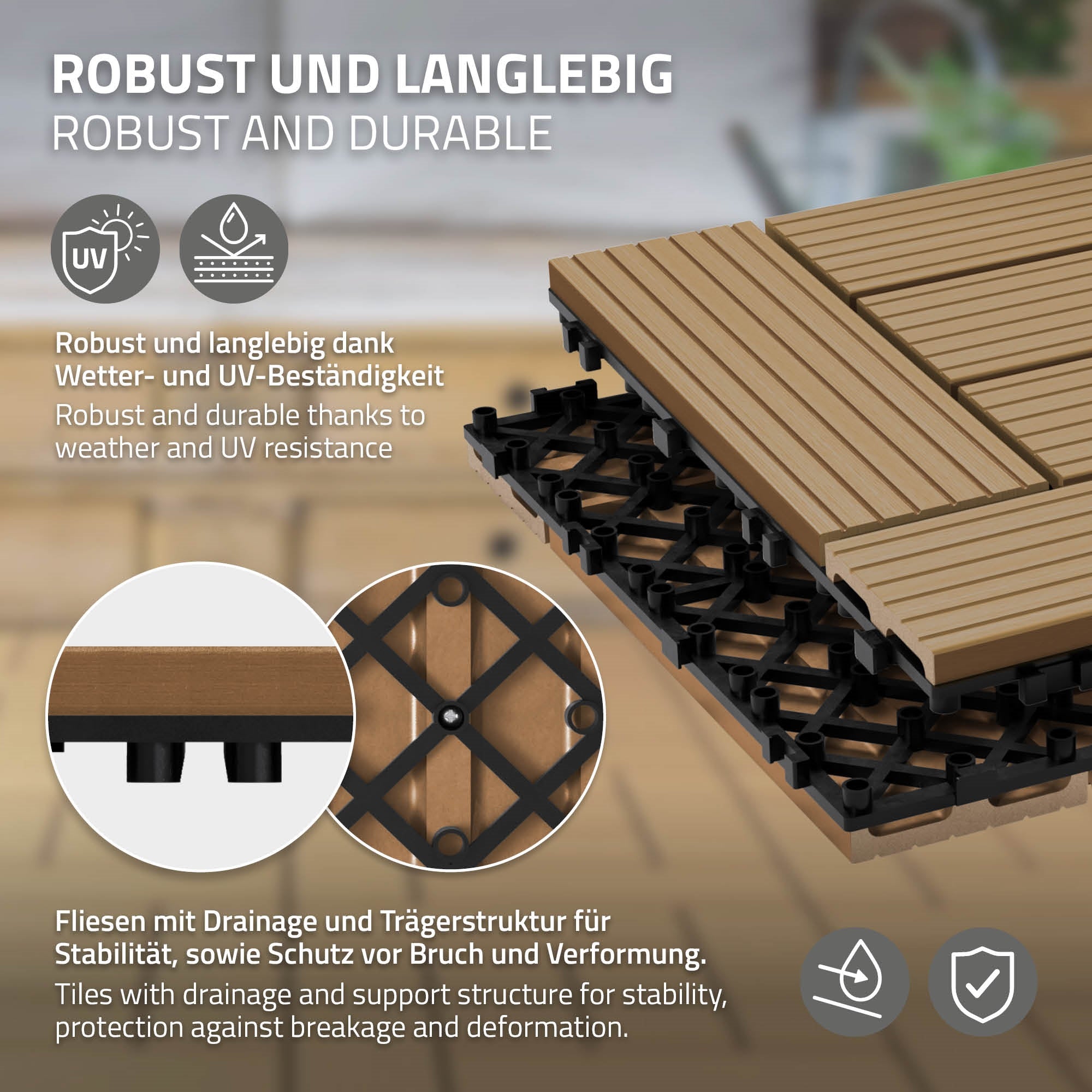 Close-up of tiles with drainage and support system for stability.