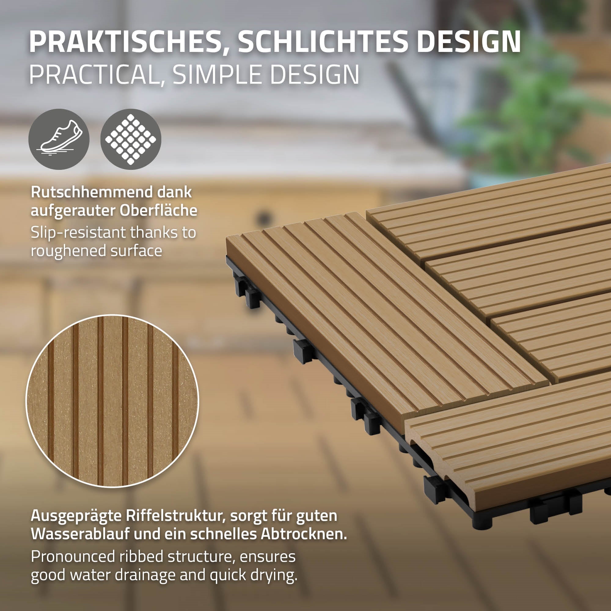 Holzoptik-Platten mit rutschfester Oberfläche und strukturiertem Design.