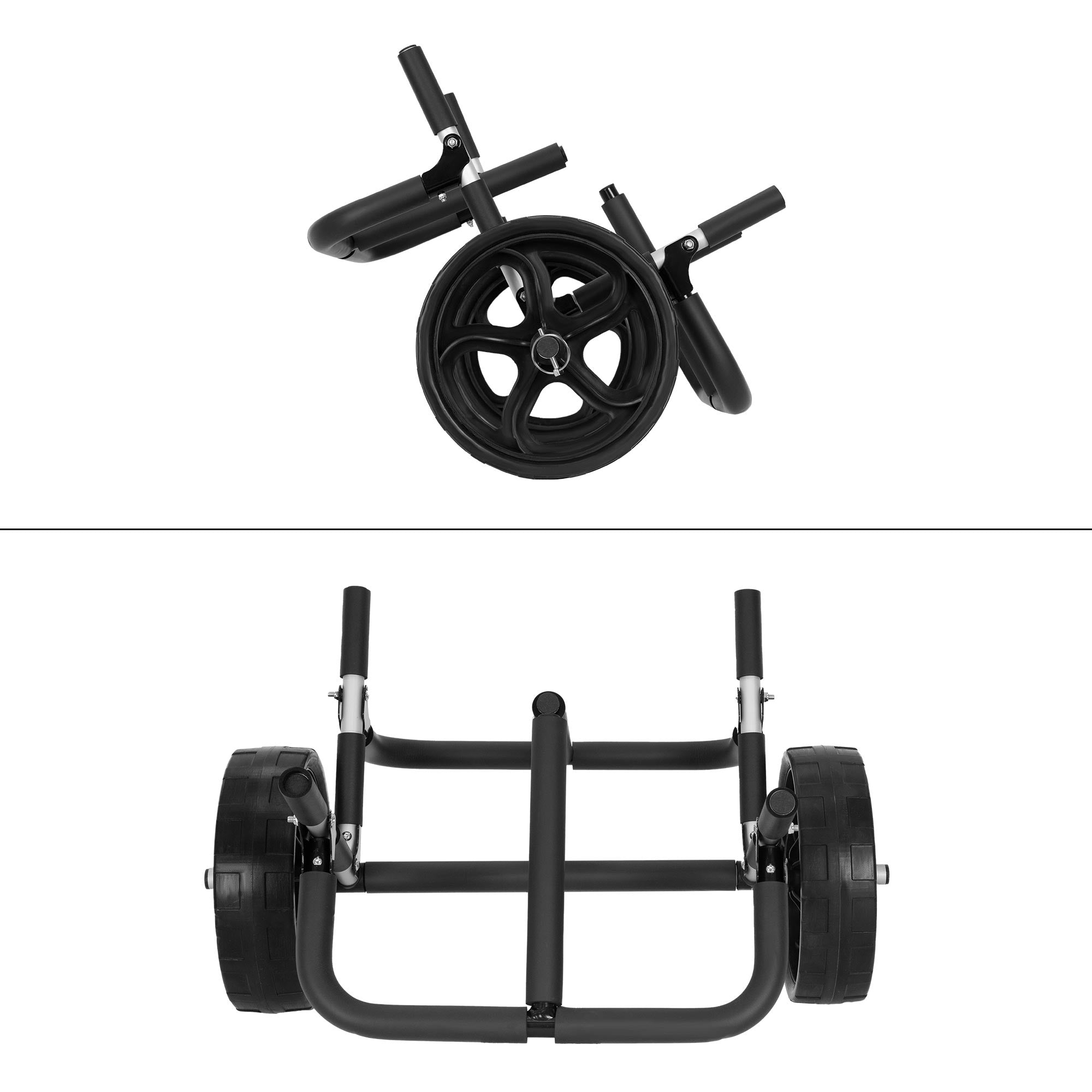 Black hand cart with two large wheels, folded.